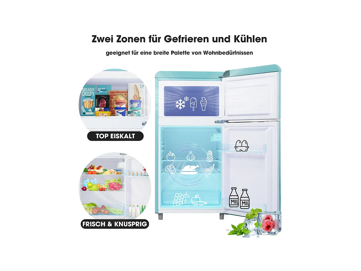 Frigorifero a doppia porta con regolabile e ruote - 72L - 120kWh/anno - Livello di rumore basso di 39 dB - Classe E - 45x44x91cm