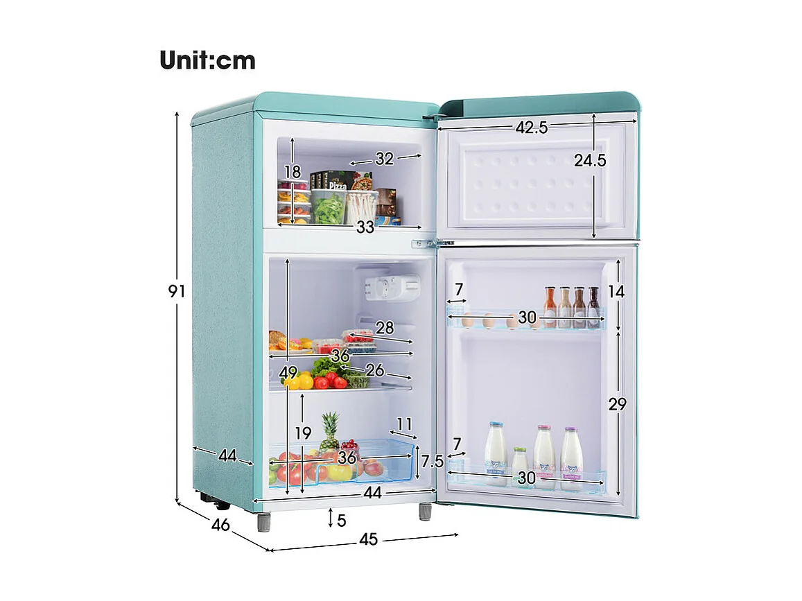 Réfrigérateur à double porte avec pieds réglables et roulettes - 72L - 120kWh/an - Faible niveau sonore de 39 dB - Classe E - 45x44x91cm