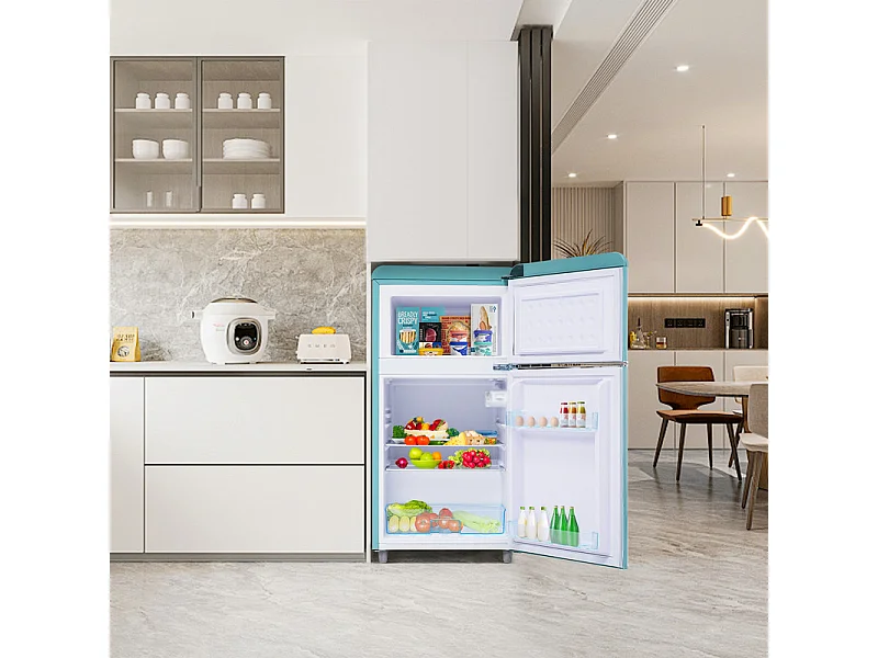 Réfrigérateur à double porte avec pieds réglables et roulettes - 72L - 120kWh/an - Faible niveau sonore de 39 dB - Classe E - 45x44x91cm