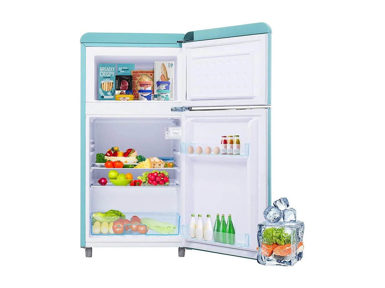 Réfrigérateur à double porte avec pieds réglables et roulettes - 72L - 120kWh/an - Faible niveau sonore de 39 dB - Classe E - 45x44x91cm