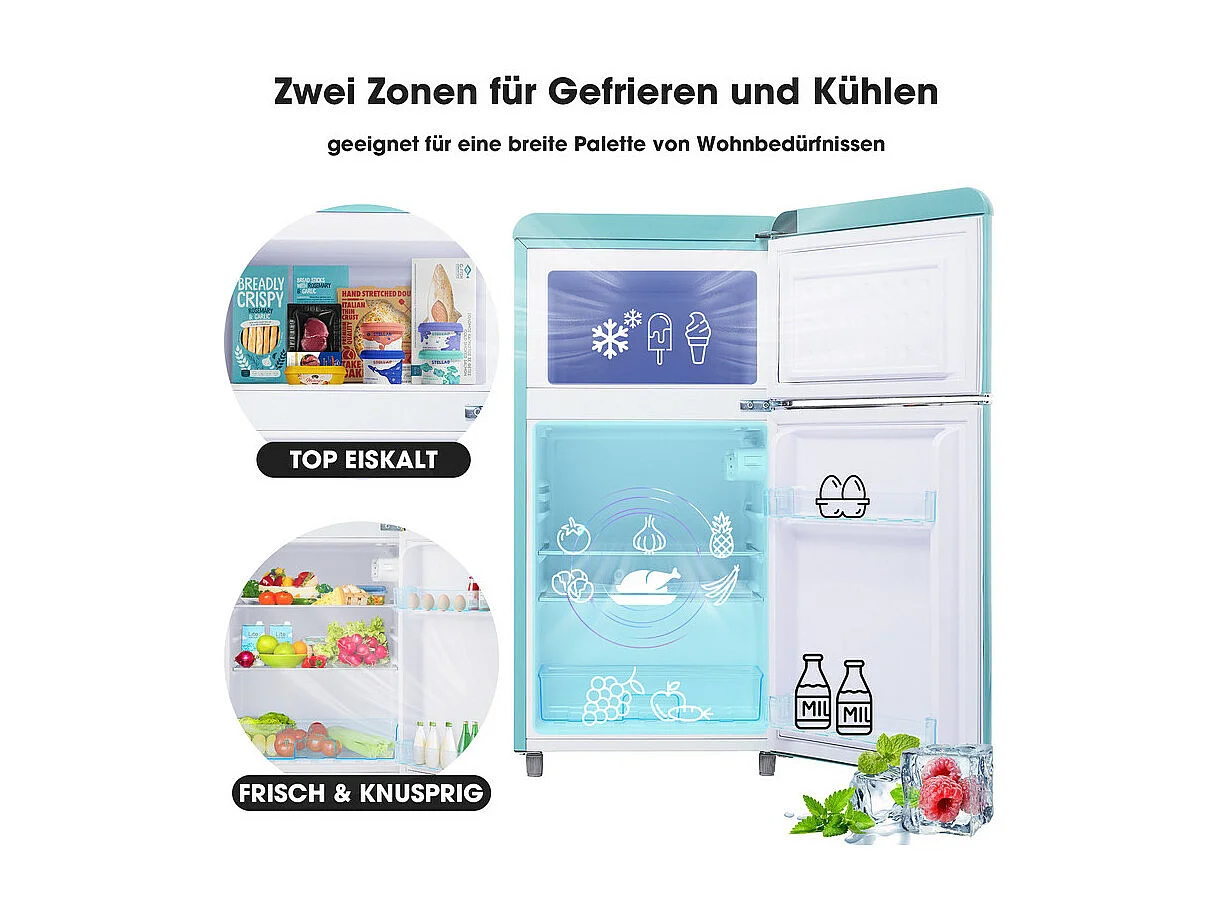 Réfrigérateur à double porte avec pieds réglables et roulettes - 72L - 120kWh/an - Faible niveau sonore de 39 dB - Classe E - 45x44x91cm