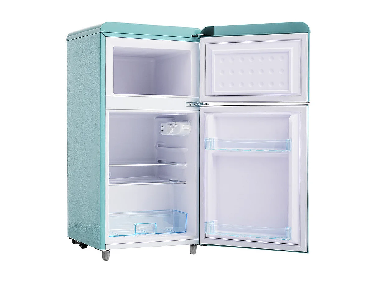 Réfrigérateur à double porte avec pieds réglables et roulettes - 72L - 120kWh/an - Faible niveau sonore de 39 dB - Classe E - 45x44x91cm