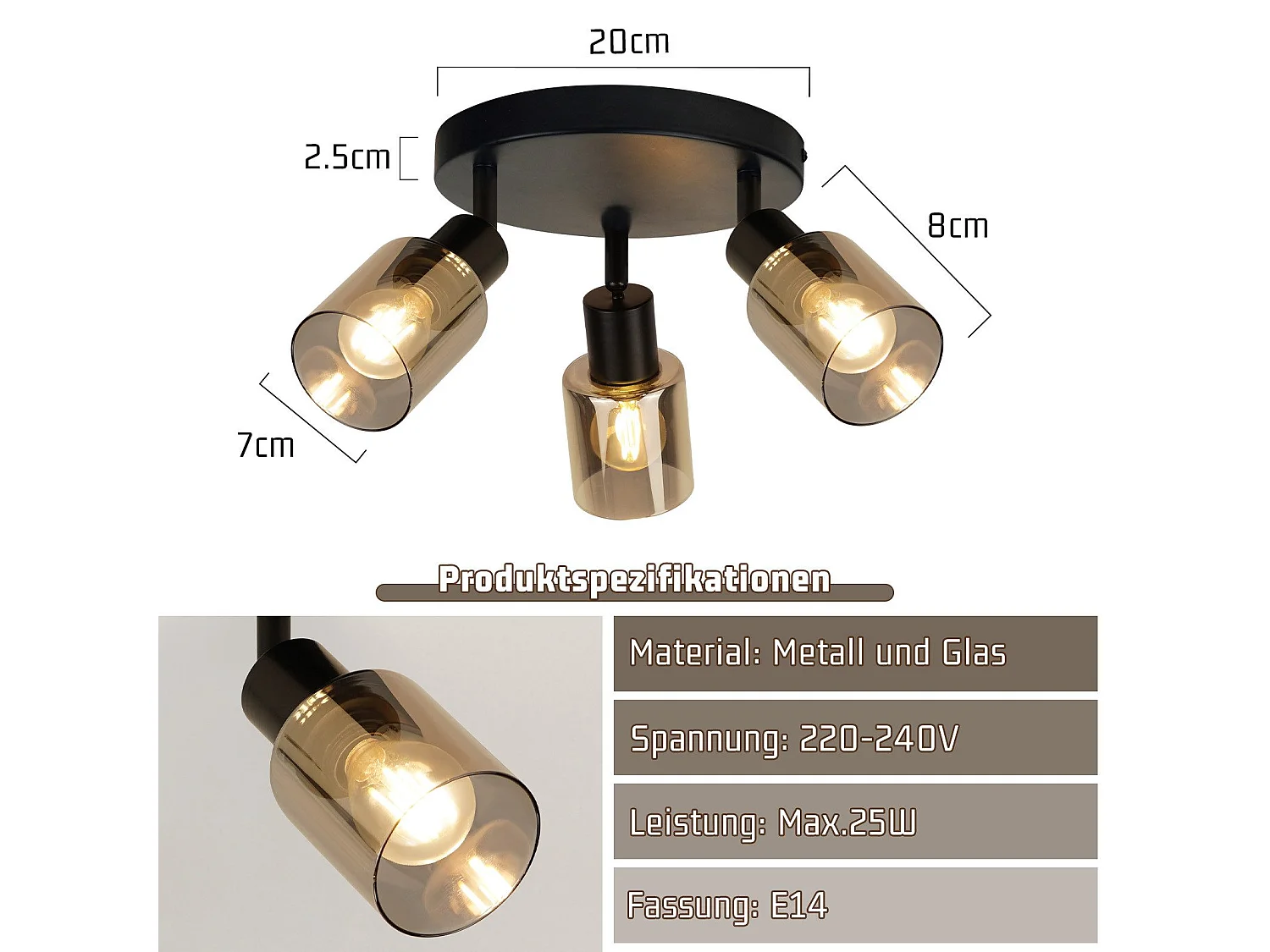 NETTLIFE Deckenleuchte Spot 3 flammig schwarz Industrial E14 Deckenlampe für Wohnzimmer