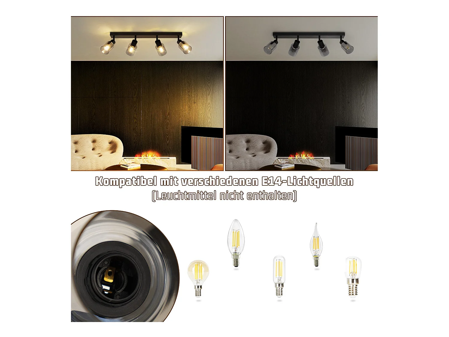 NETTLIFE Plafonnier Spot 4 Flammes Noir Industriel E14 Plafonnier Pour Salon