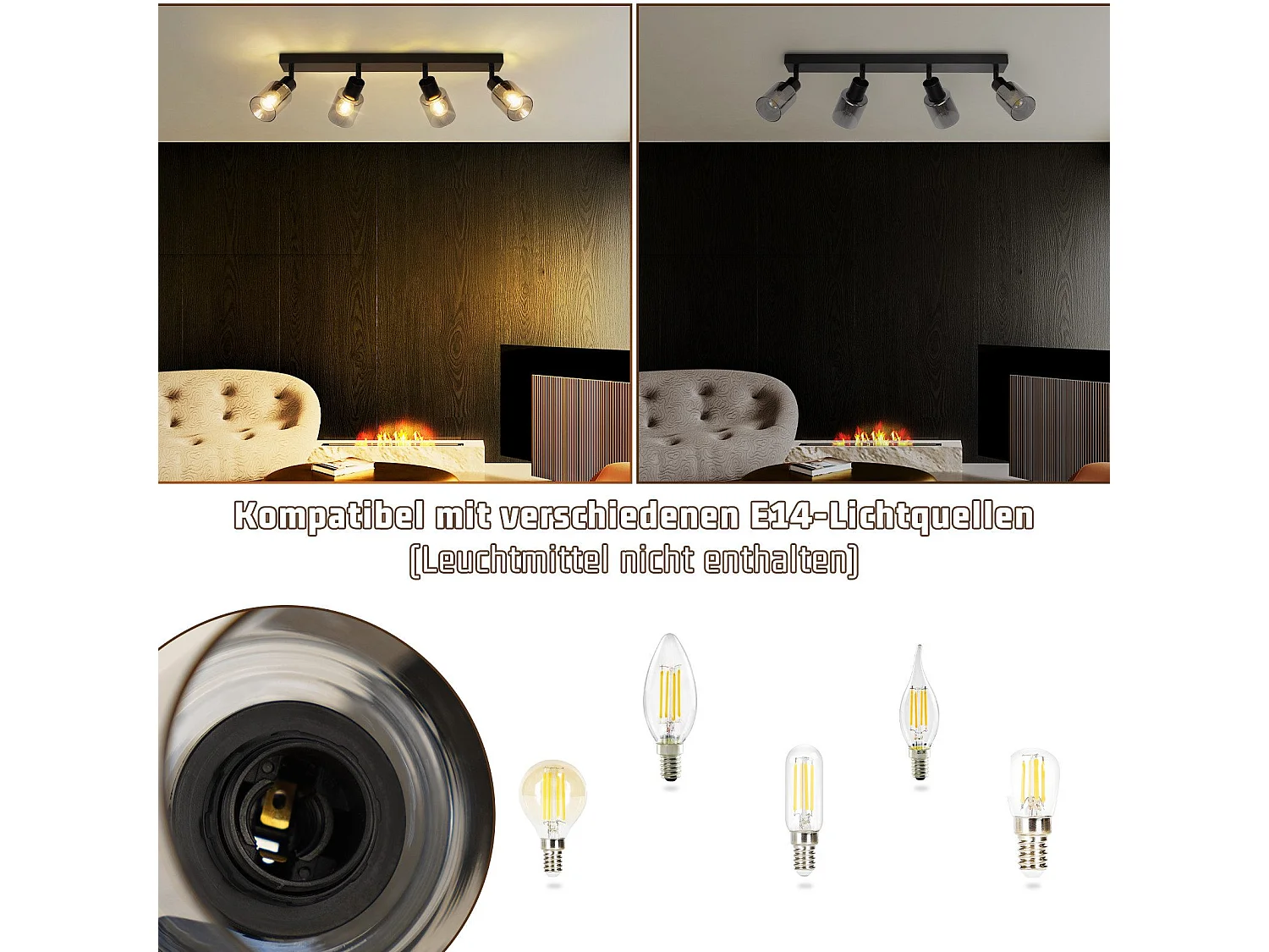 NETTLIFE Plafonnier Spot 4 Flammes Noir Industriel E14 Plafonnier Pour Salon