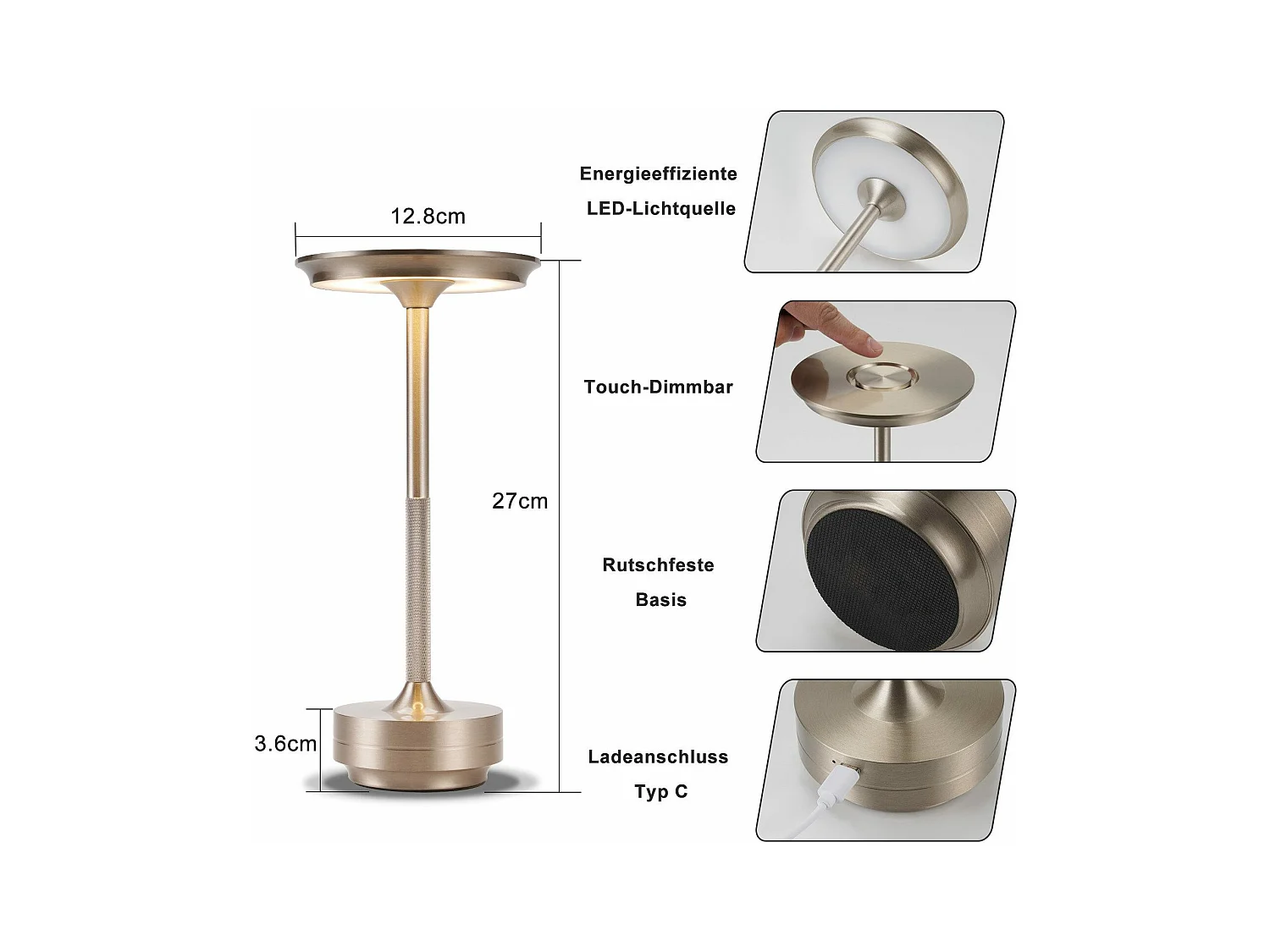 NETTLIFE Lampe de chevet sans fil à piles - Lampe de table LED tactile à intensité variable avec batterie rechargeable USB