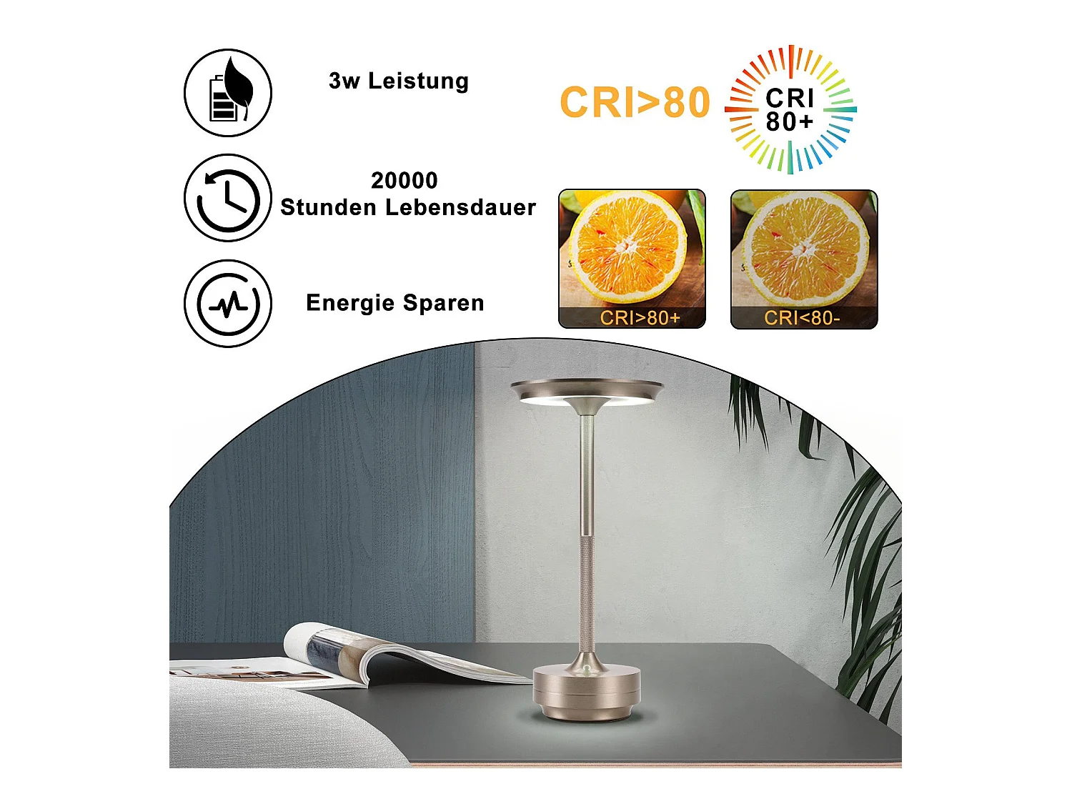 NETTLIFE Lampe de chevet sans fil à piles - Lampe de table LED tactile à intensité variable avec batterie rechargeable USB