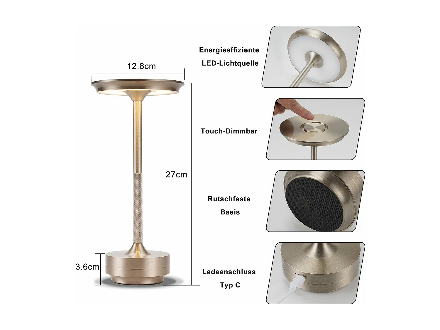 NETTLIFE Lampe de chevet sans fil à piles - Lampe de table LED tactile à intensité variable avec batterie rechargeable USB