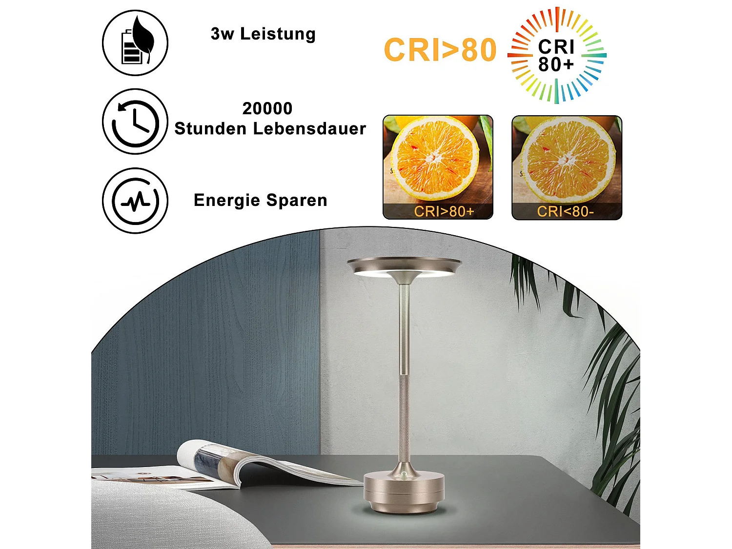 NETTLIFE Lampe de chevet sans fil à piles - Lampe de table LED tactile à intensité variable avec batterie rechargeable USB