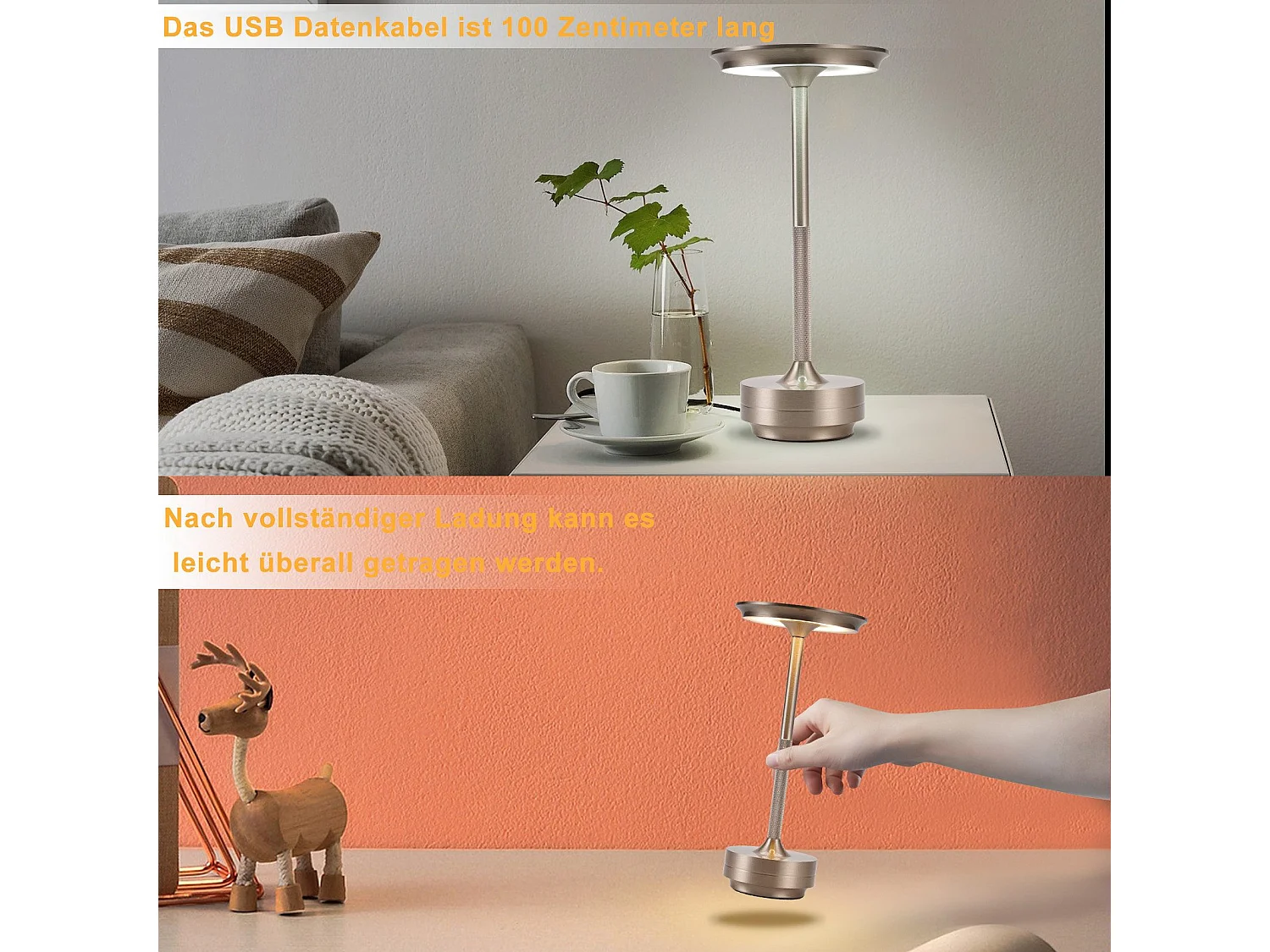 NETTLIFE Lampe de chevet sans fil à piles - Lampe de table LED tactile à intensité variable avec batterie rechargeable USB