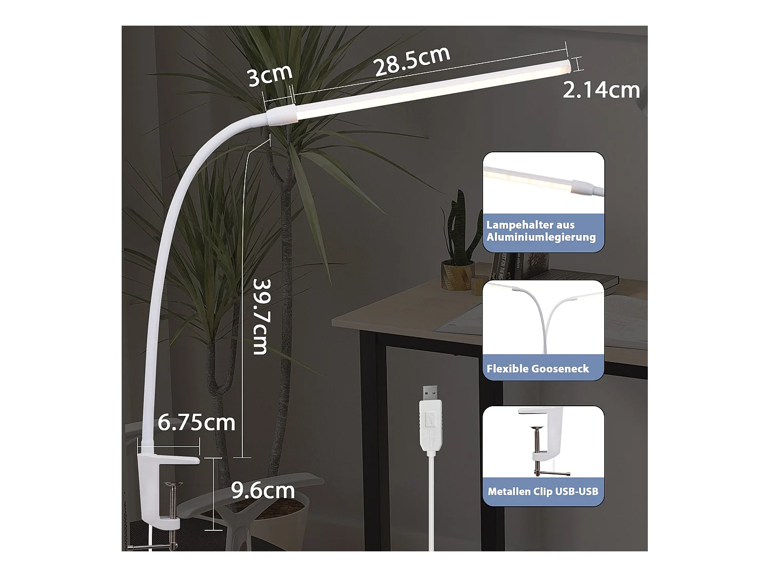 NETTLIFE LED Bureaulamp Daglicht Wit Klemlamp met 3 Kleurtemperaturen 5 Helderheidsniveaus USB Flexibel 5W