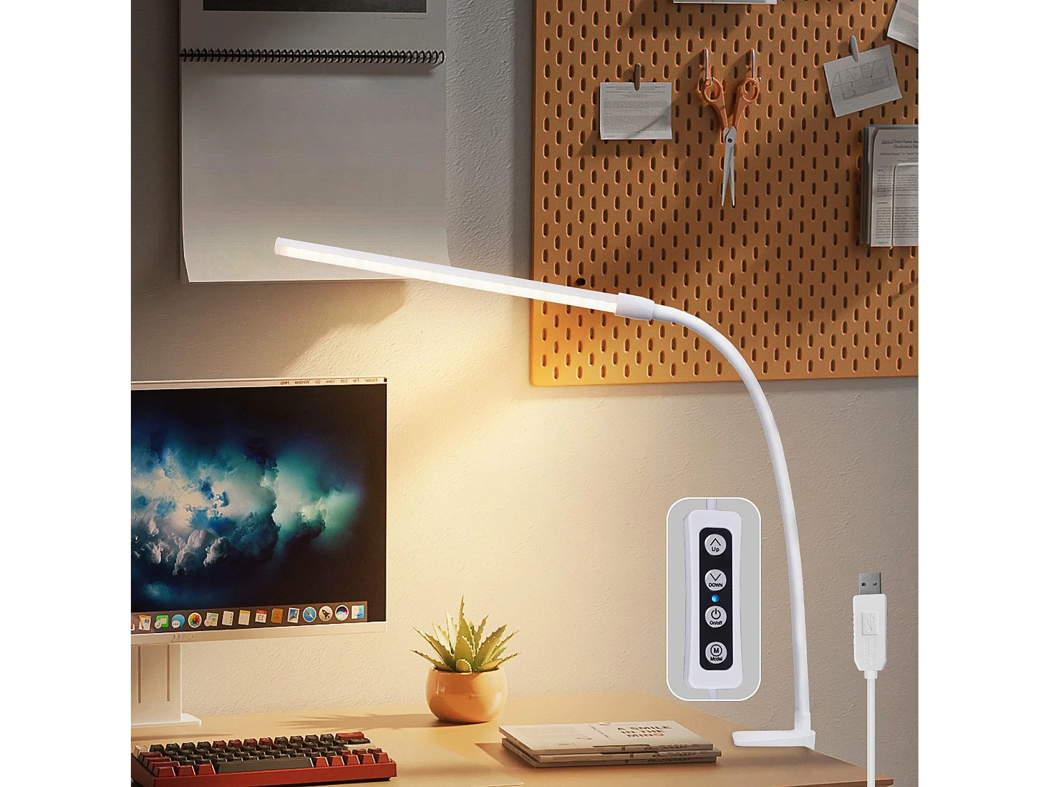 NETTLIFE Lampa biurkowa LED, światło dzienne, biała, zacisk, 3 temperatury barwowe, 5 poziomów jasności, USB, elastyczna, 5 W