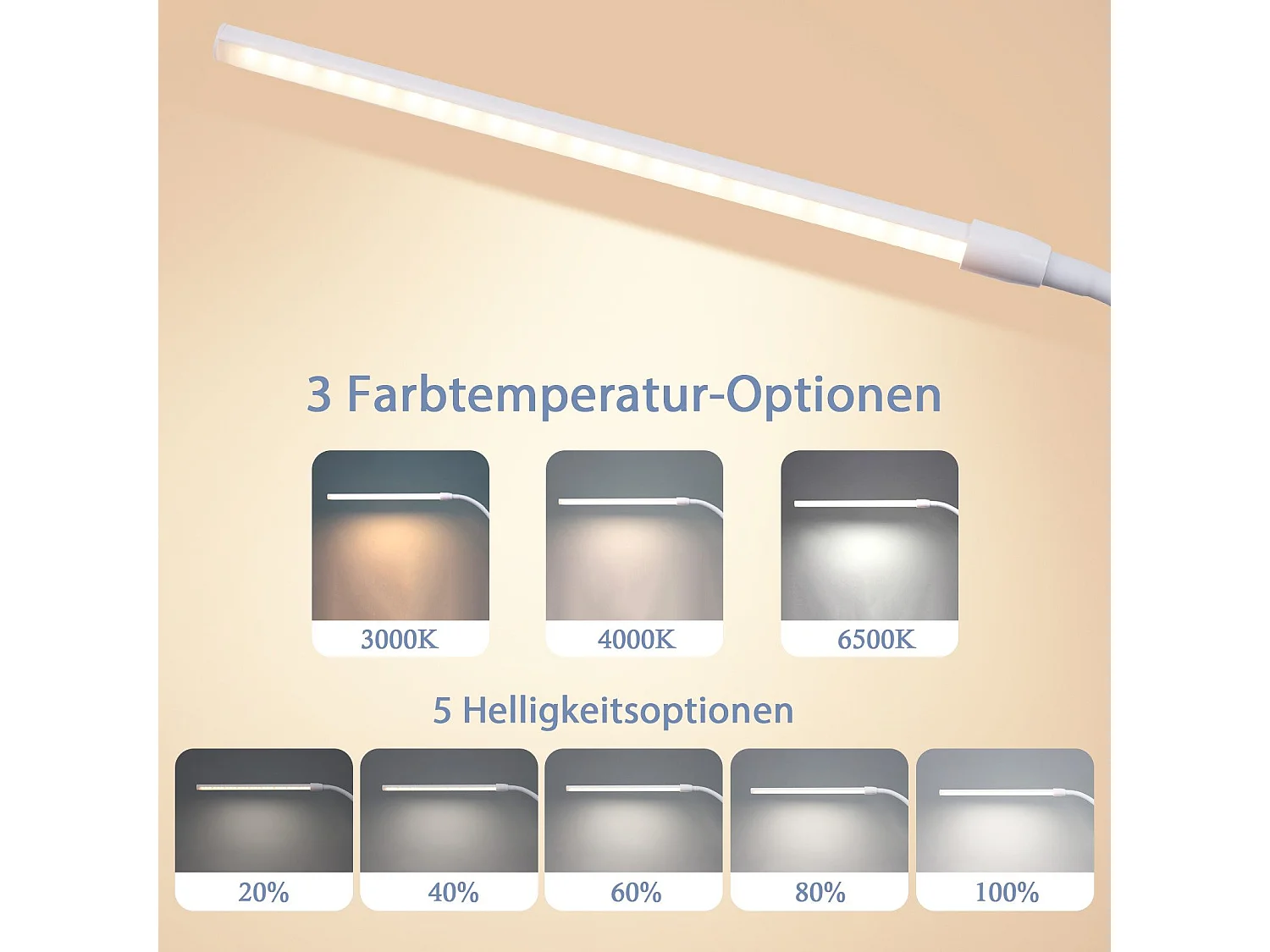 NETTLIFE Lampa biurkowa LED, światło dzienne, biała, zacisk, 3 temperatury barwowe, 5 poziomów jasności, USB, elastyczna, 5 W