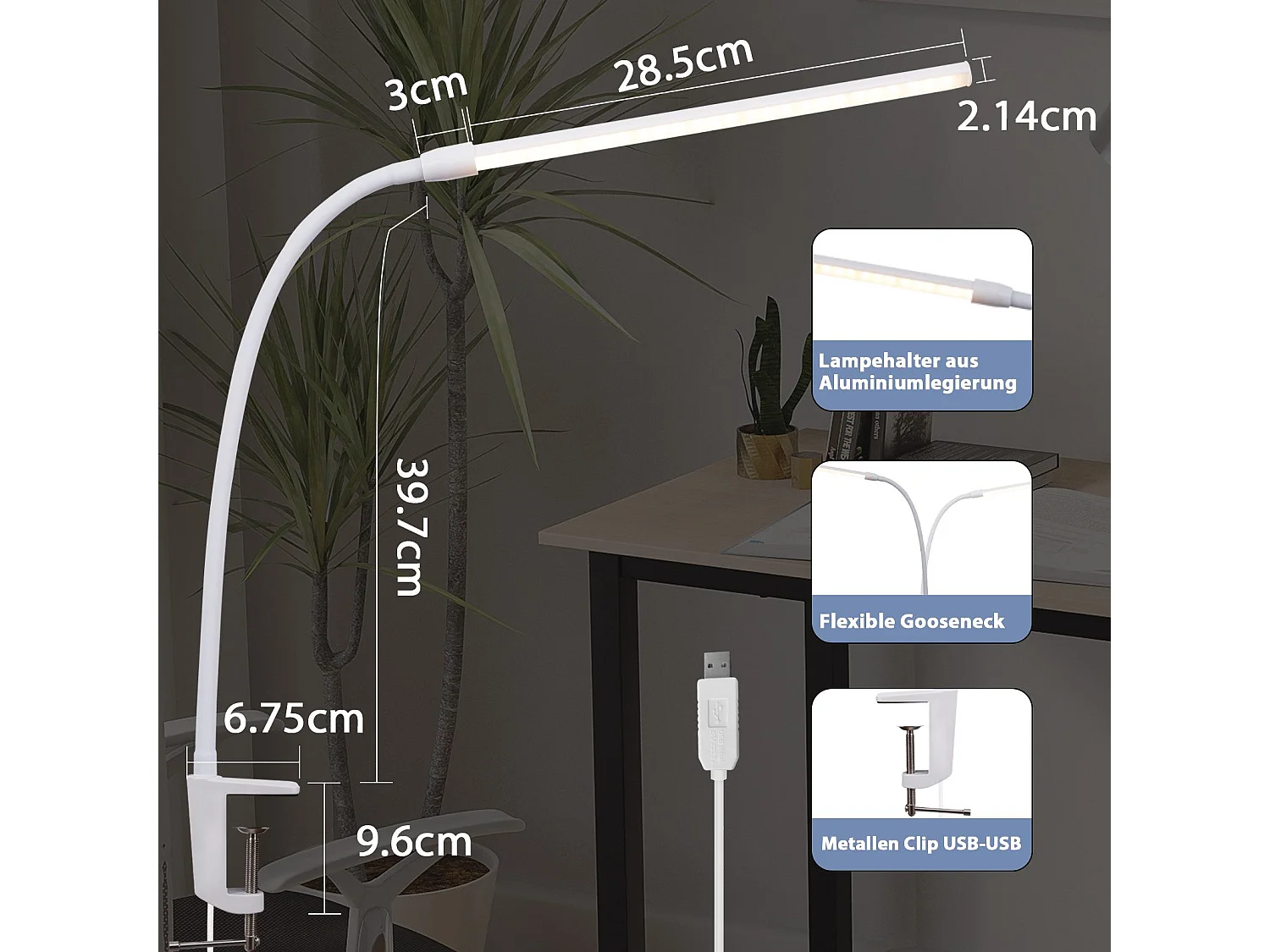 NETTLIFE Lampa biurkowa LED, światło dzienne, biała, zacisk, 3 temperatury barwowe, 5 poziomów jasności, USB, elastyczna, 5 W