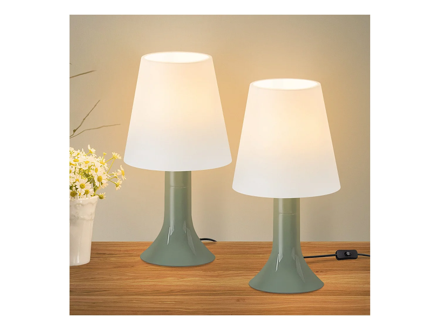 NETTLIFE Lámpara de noche, lámpara de mesa para salón con cable, juego de 2 lámparas de mesa pequeñas verdes, lámparas de mesa modernas E14