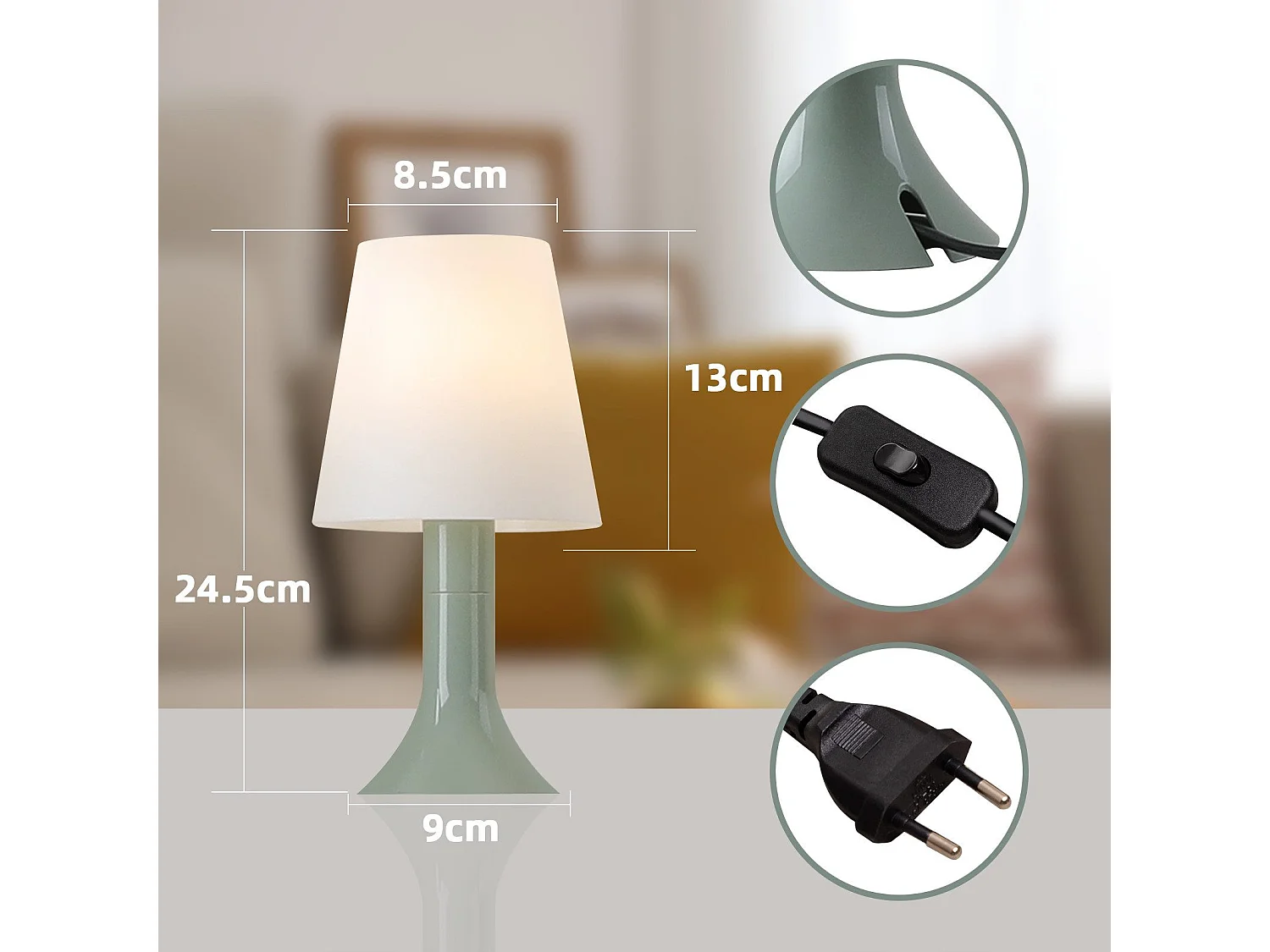NETTLIFE Lampka nocna do salonu Lampa stołowa z kablem - Zestaw 2 małych zielonych lamp E14 Nowoczesne lampy stołowe