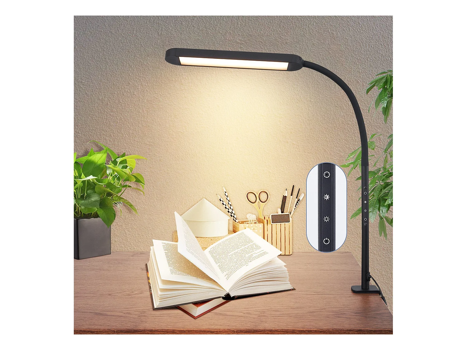 NETTLIFE Lampe de bureau LED à pince à intensité variable noire 5 couleurs et 5 niveaux de luminosité 11W Protection des yeux flexible
