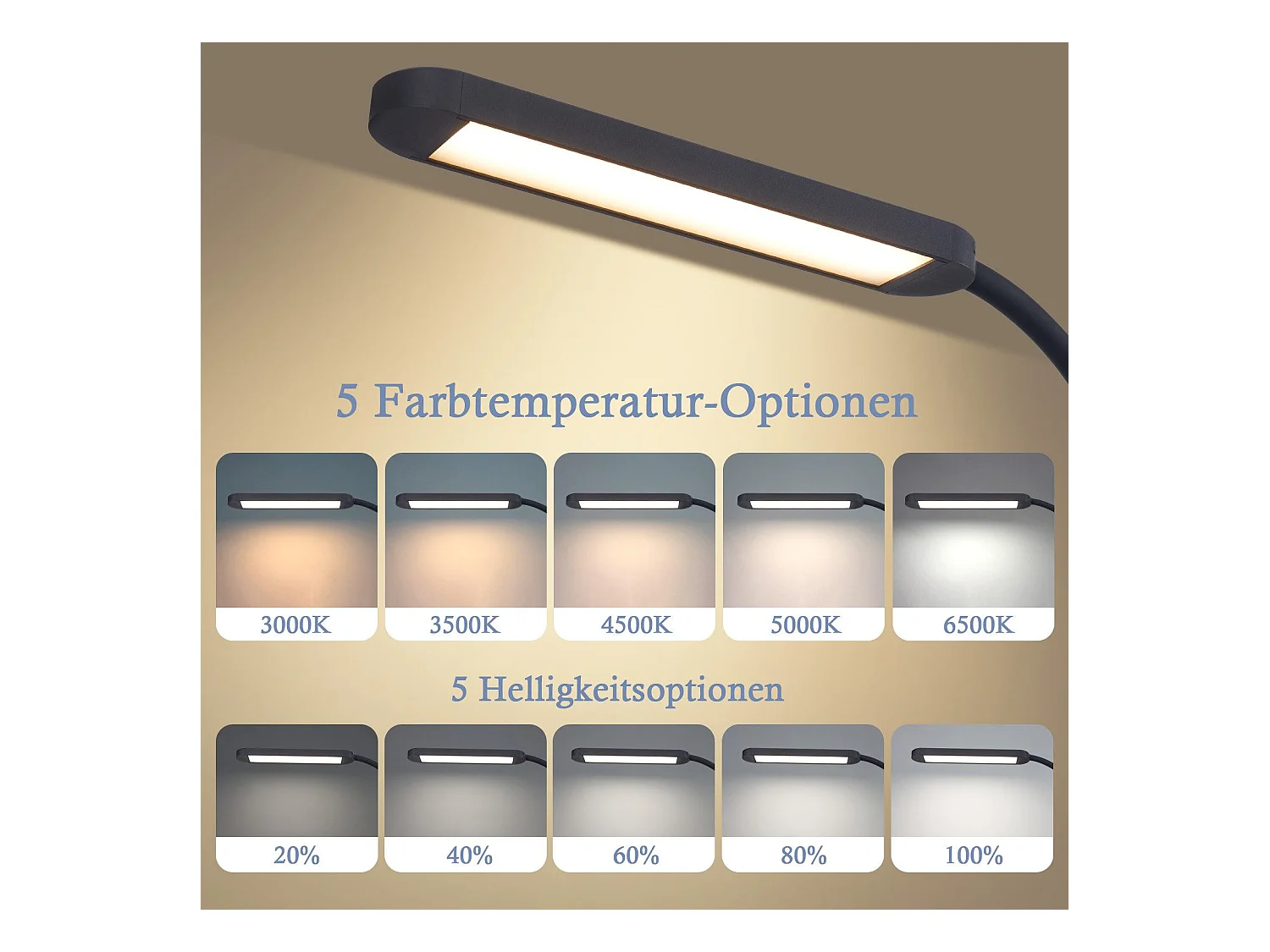 NETTLIFE Lampe de bureau LED à pince à intensité variable noire 5 couleurs et 5 niveaux de luminosité 11W Protection des yeux flexible