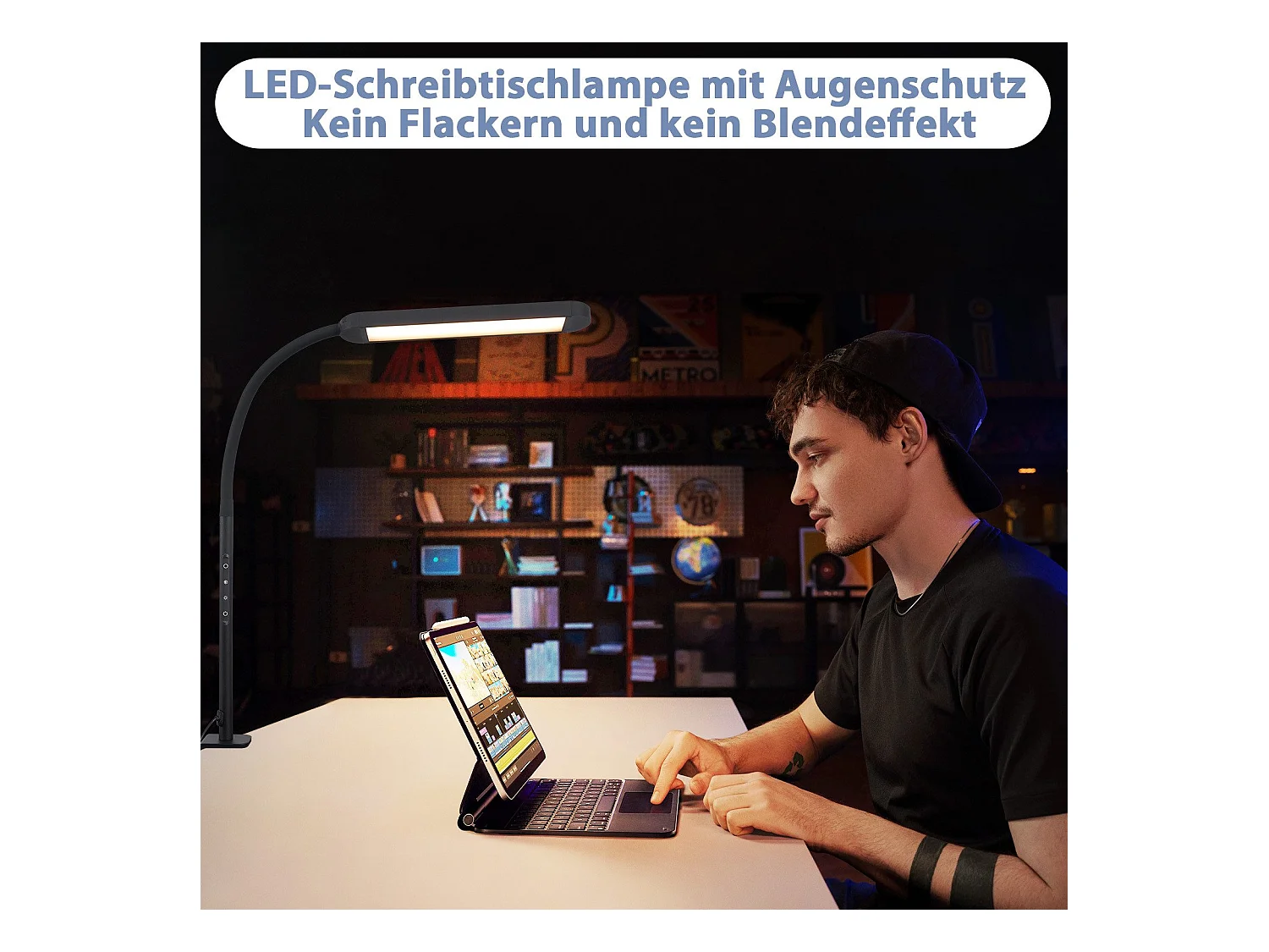 NETTLIFE Lampe de bureau LED à pince à intensité variable noire 5 couleurs et 5 niveaux de luminosité 11W Protection des yeux flexible