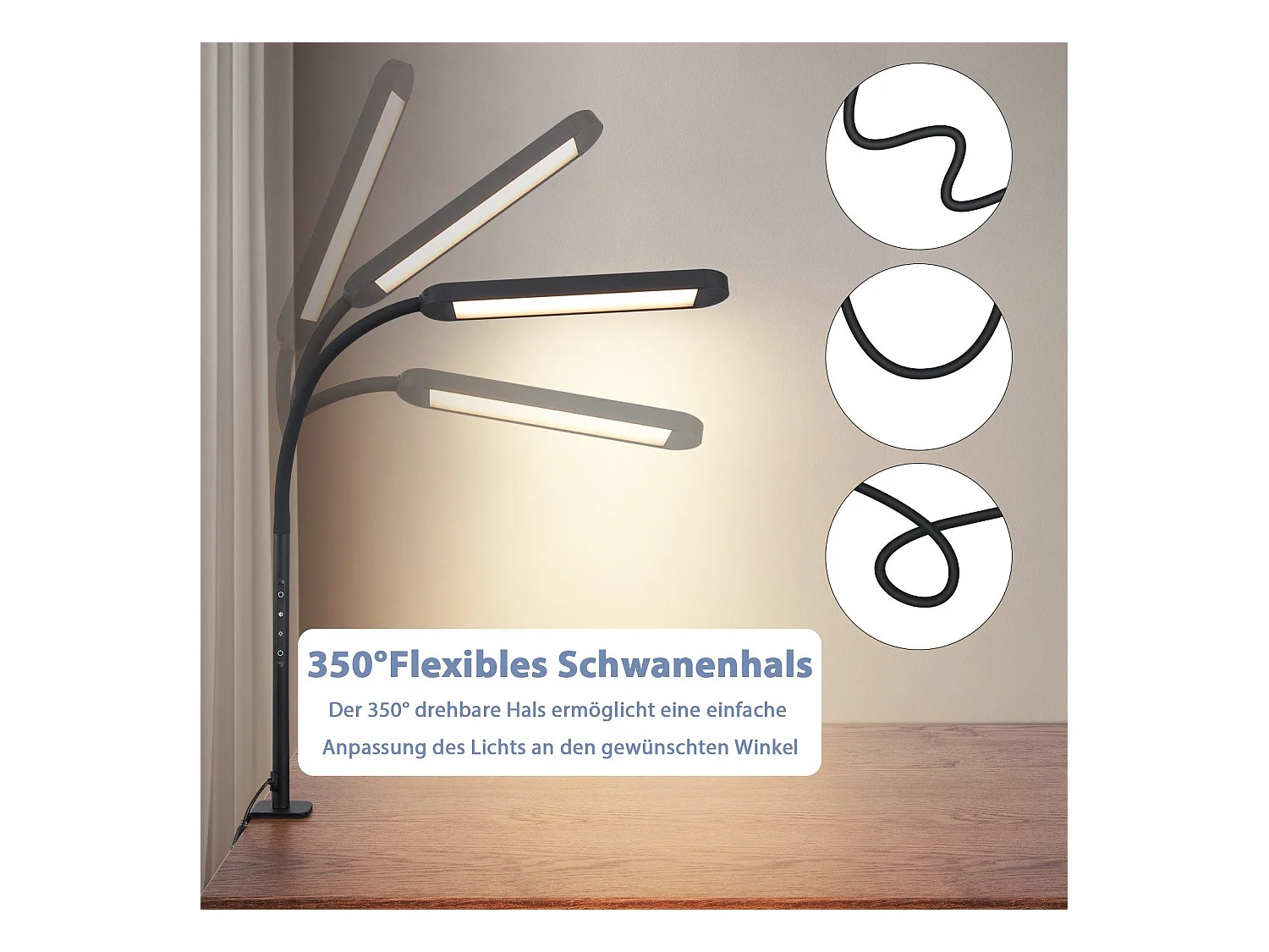 NETTLIFE Lampe de bureau LED à pince à intensité variable noire 5 couleurs et 5 niveaux de luminosité 11W Protection des yeux flexible