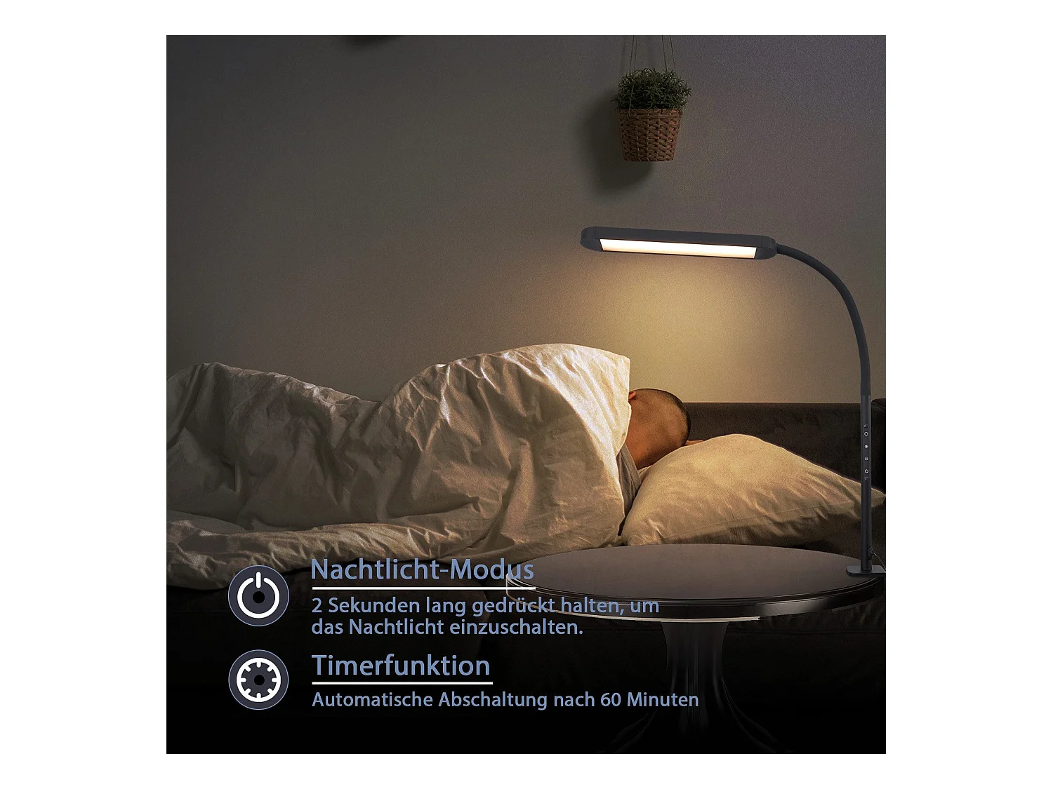 NETTLIFE Lampe de bureau LED à pince à intensité variable noire 5 couleurs et 5 niveaux de luminosité 11W Protection des yeux flexible