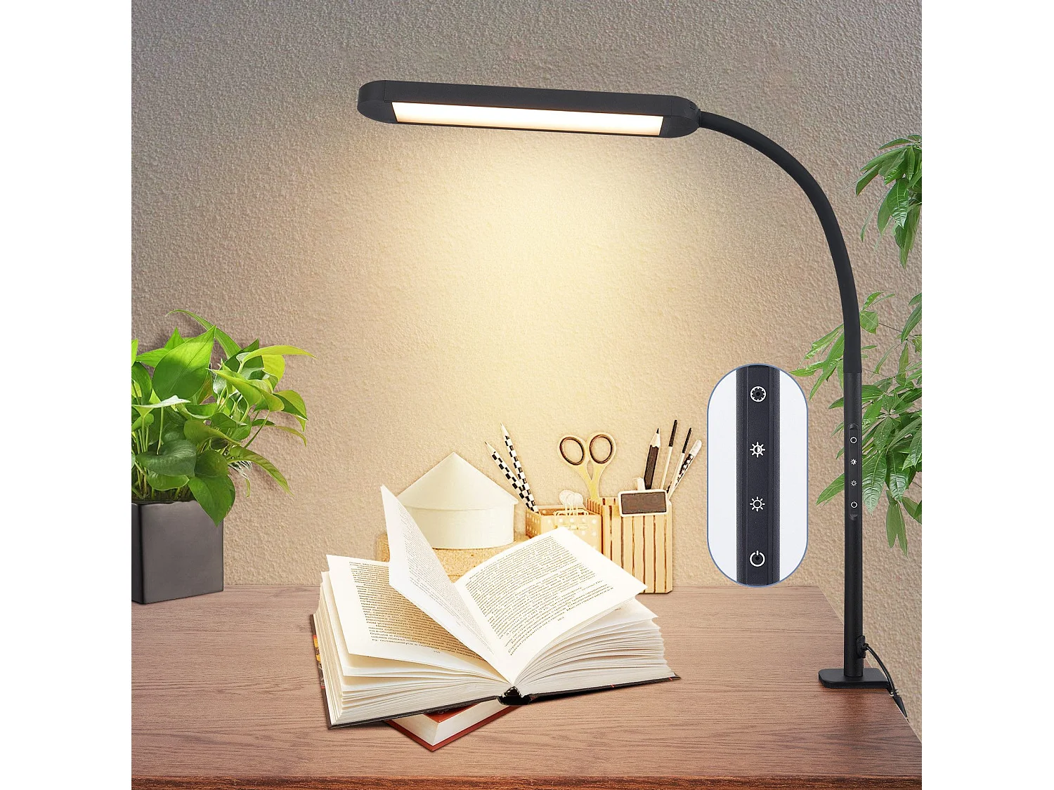 NETTLIFE Lampe de bureau LED à pince à intensité variable noire 5 couleurs et 5 niveaux de luminosité 11W Protection des yeux flexible