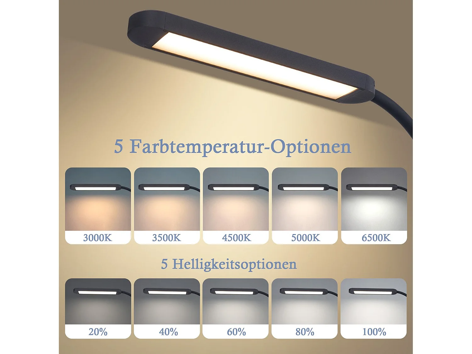 NETTLIFE Lampe de bureau LED à pince à intensité variable noire 5 couleurs et 5 niveaux de luminosité 11W Protection des yeux flexible