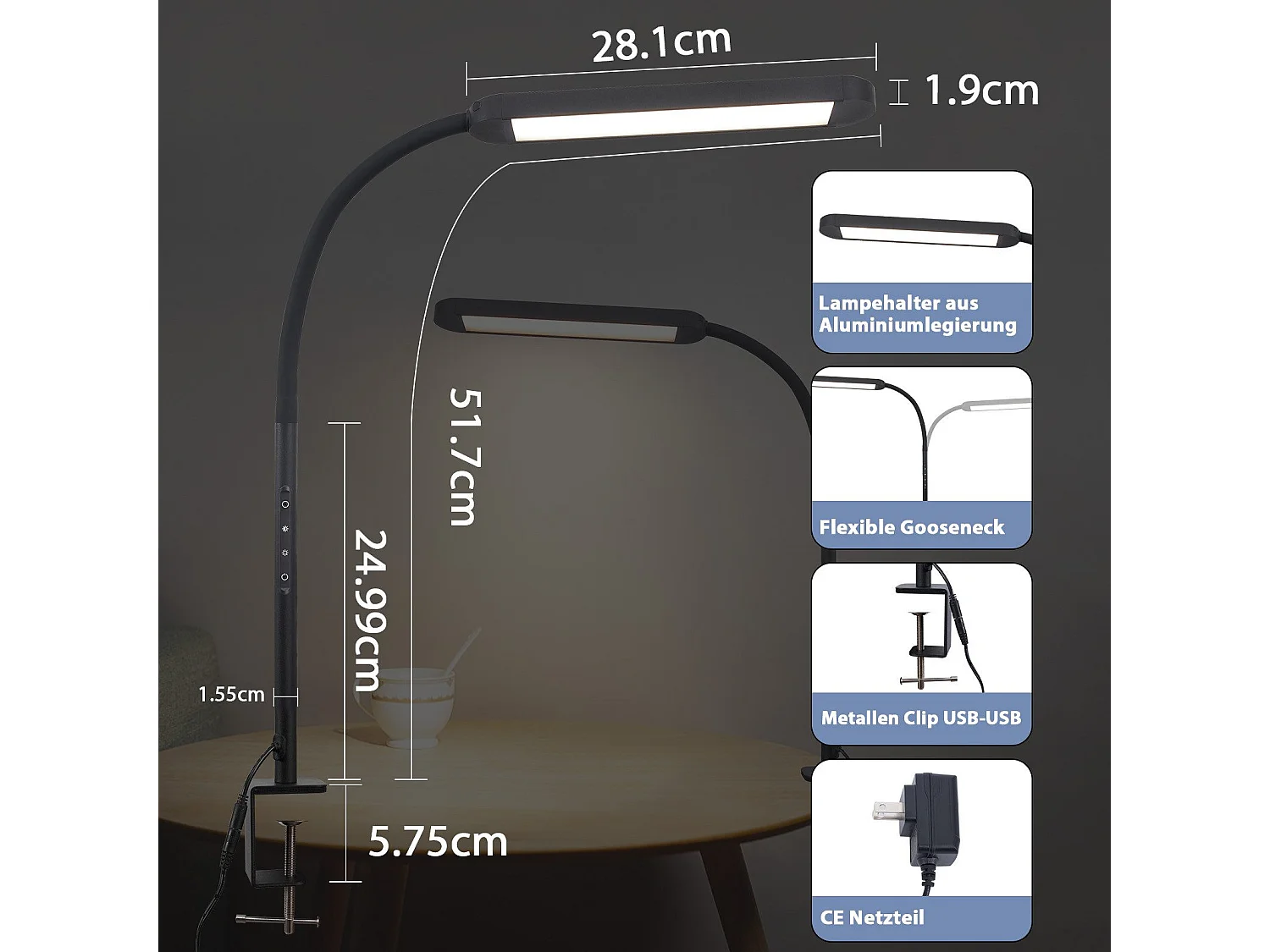 NETTLIFE Ściemnialna lampa biurkowa LED z zaciskiem, czarna, 5 kolorów i 5 poziomów jasności, 11 W, elastyczna ochrona oczu