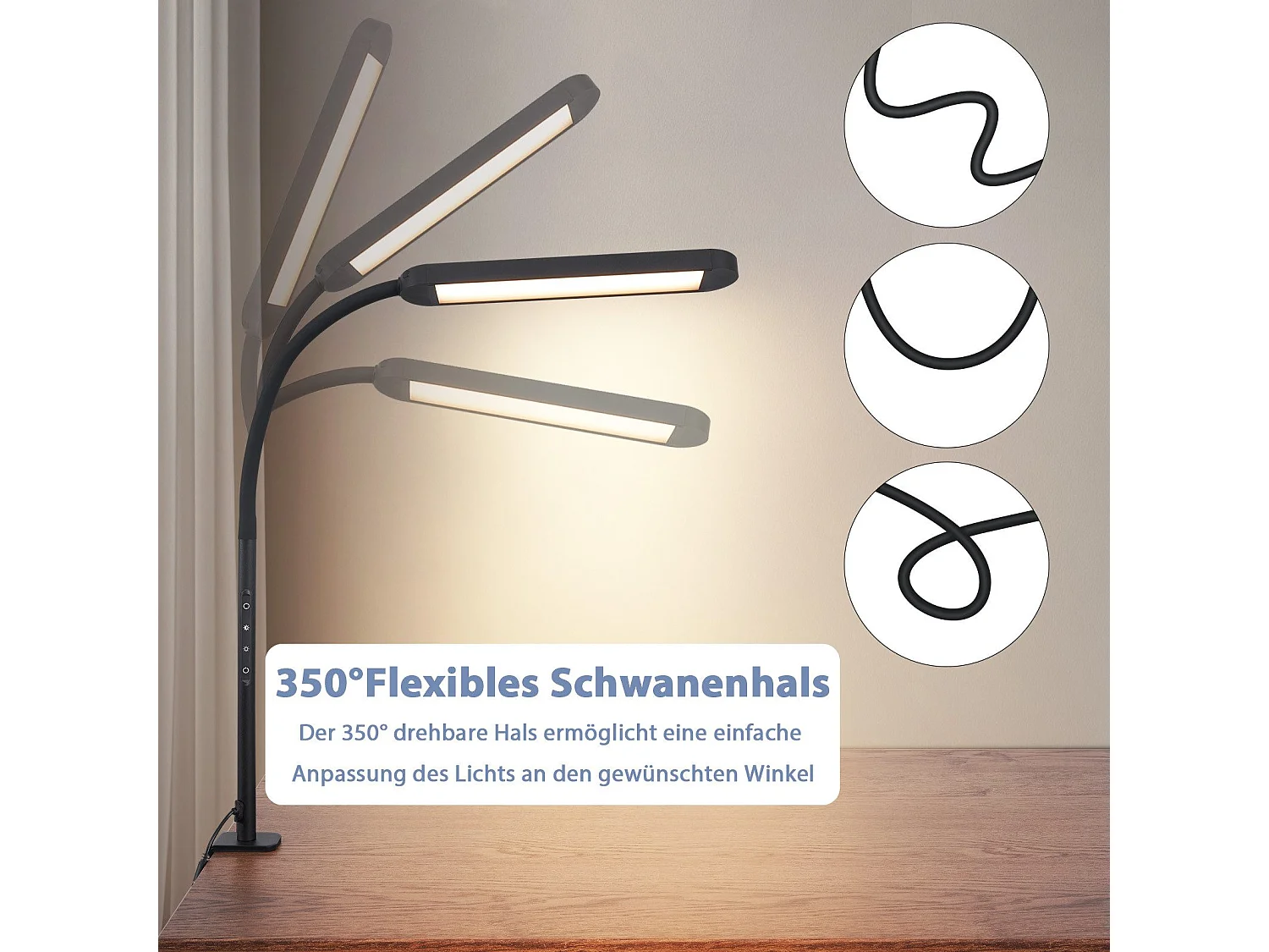 NETTLIFE Ściemnialna lampa biurkowa LED z zaciskiem, czarna, 5 kolorów i 5 poziomów jasności, 11 W, elastyczna ochrona oczu