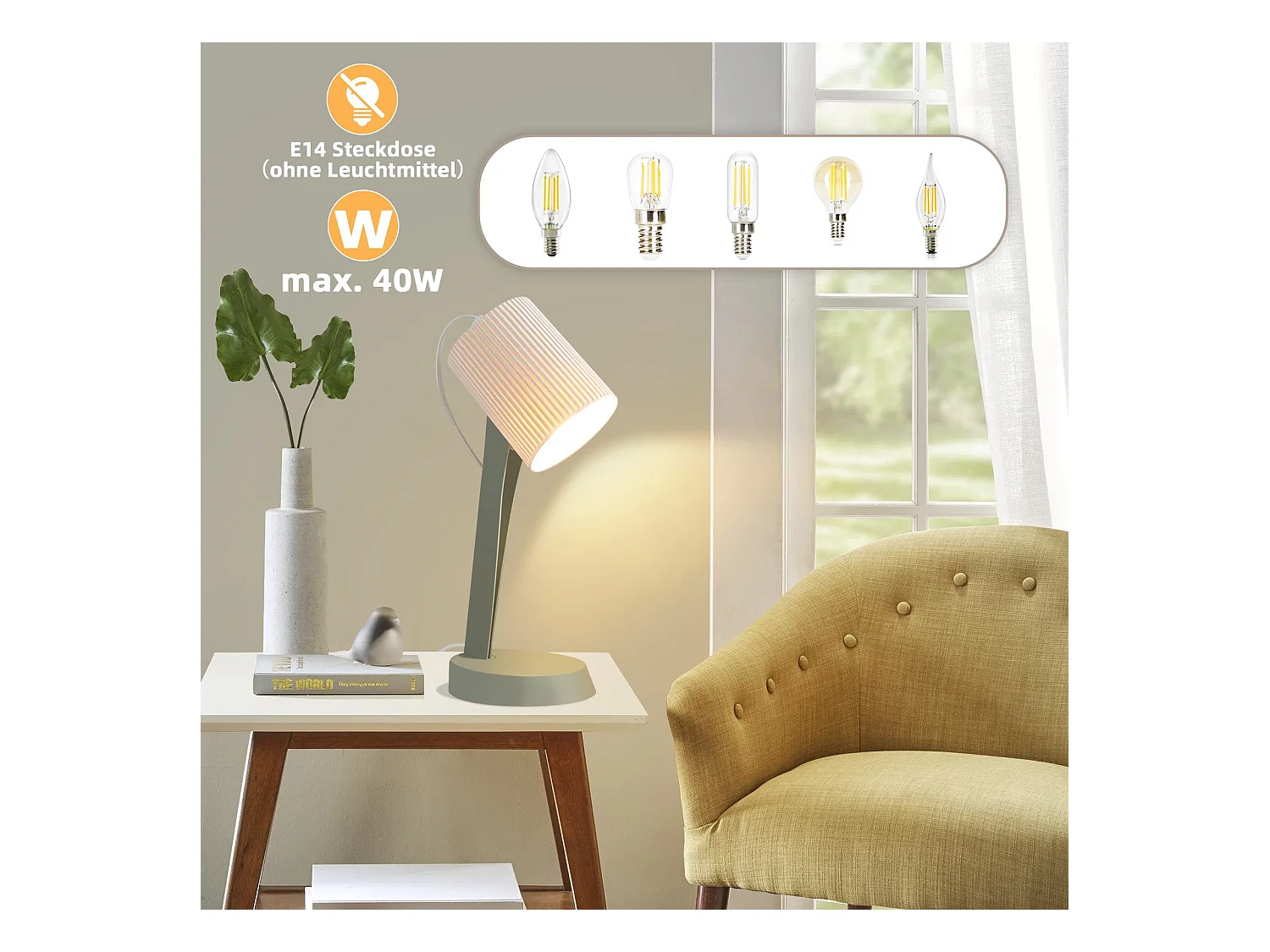 NETTLIFE Lámpara de noche lámpara de mesa de salón con cable juego de 2 lámparas pequeñas 37,4 cm verde E14 lámparas de mesa modernas