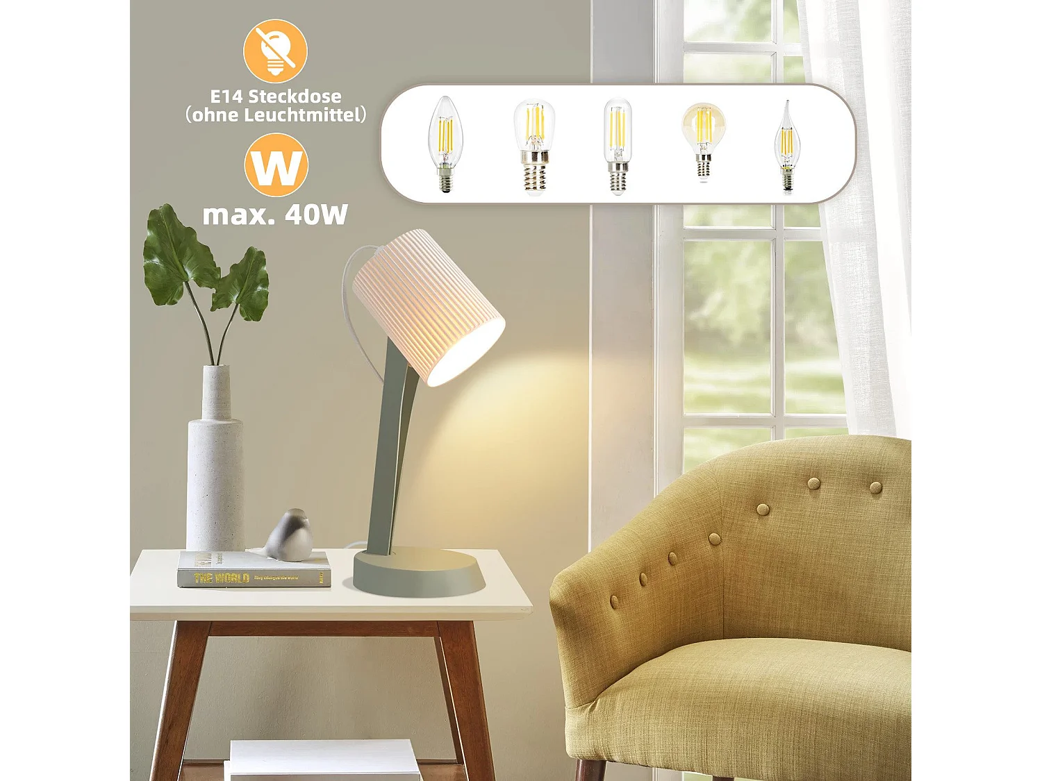 NETTLIFE Bedlamp Woonkamer Tafellamp met Kabel Set van 2 Kleine Lampen 37,4 cm Groen E14 Moderne Tafellampen