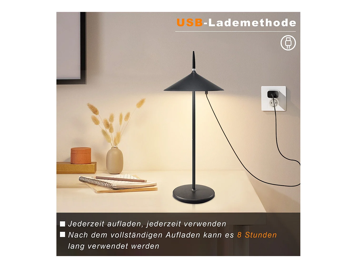 NETTLIFE Draadloze LED Touch Bedlamp Zwart Dimbare Tafellamp 1800mhA Oplaadbaar met USB, Ingebouwde LED Permanent, IP44