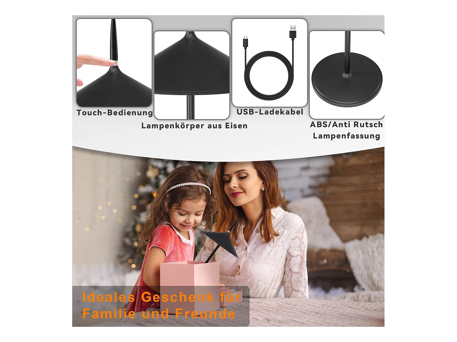 NETTLIFE Draadloze LED Touch Bedlamp Zwart Dimbare Tafellamp 1800mhA Oplaadbaar met USB, Ingebouwde LED Permanent, IP44