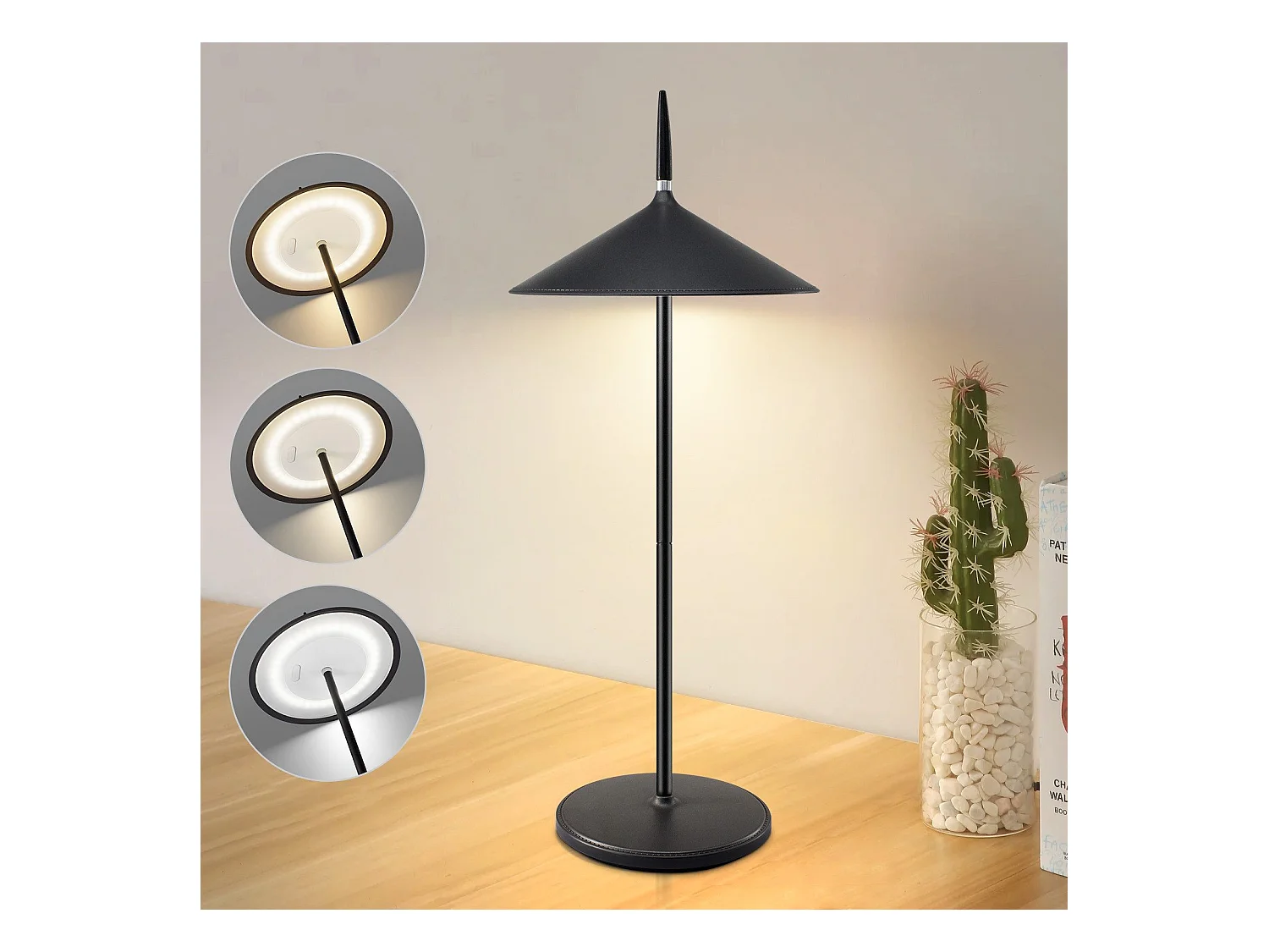 NETTLIFE Lampe de chevet tactile sans fil LED lampe de table noire dimmable 1800mhA rechargeable avec USB, LED intégrée en permanence, IP44