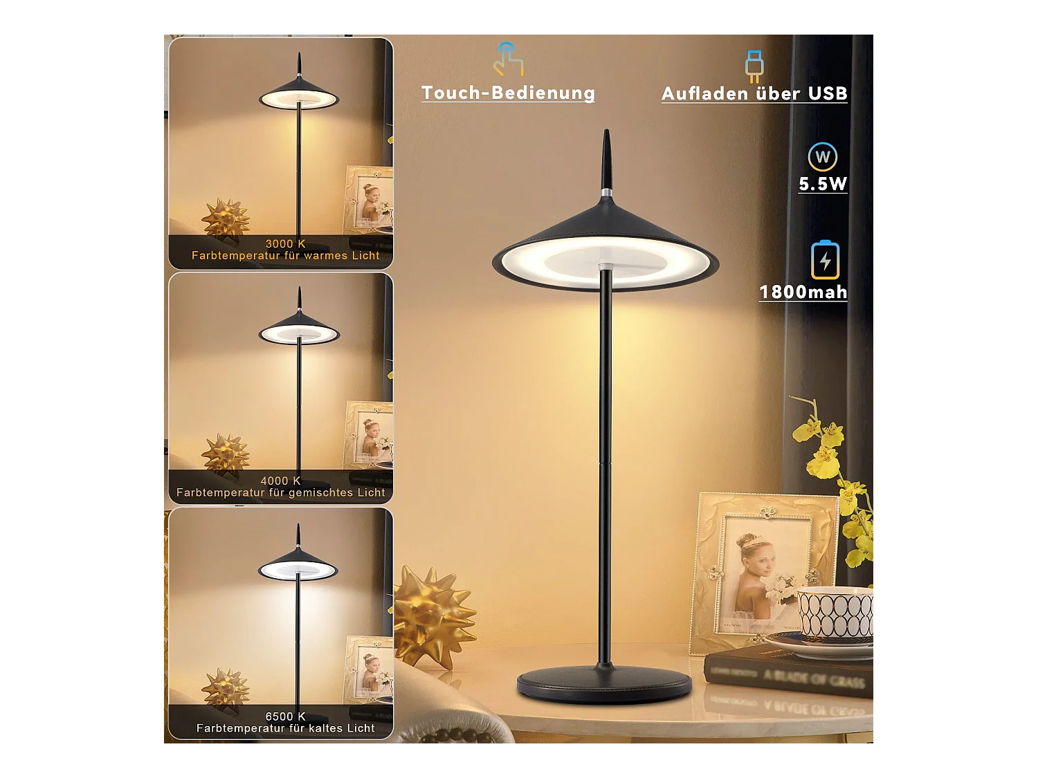 NETTLIFE Lampe de chevet tactile sans fil LED lampe de table noire dimmable 1800mhA rechargeable avec USB, LED intégrée en permanence, IP44