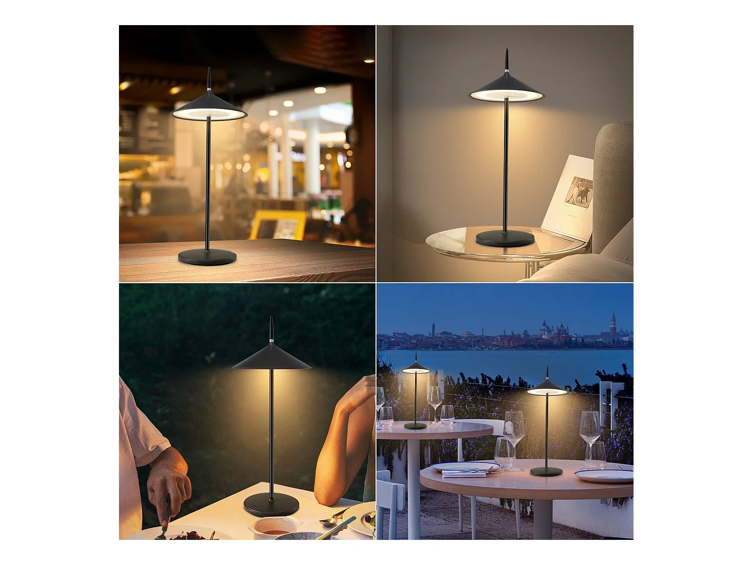 NETTLIFE Lampe de chevet tactile sans fil LED lampe de table noire dimmable 1800mhA rechargeable avec USB, LED intégrée en permanence, IP44