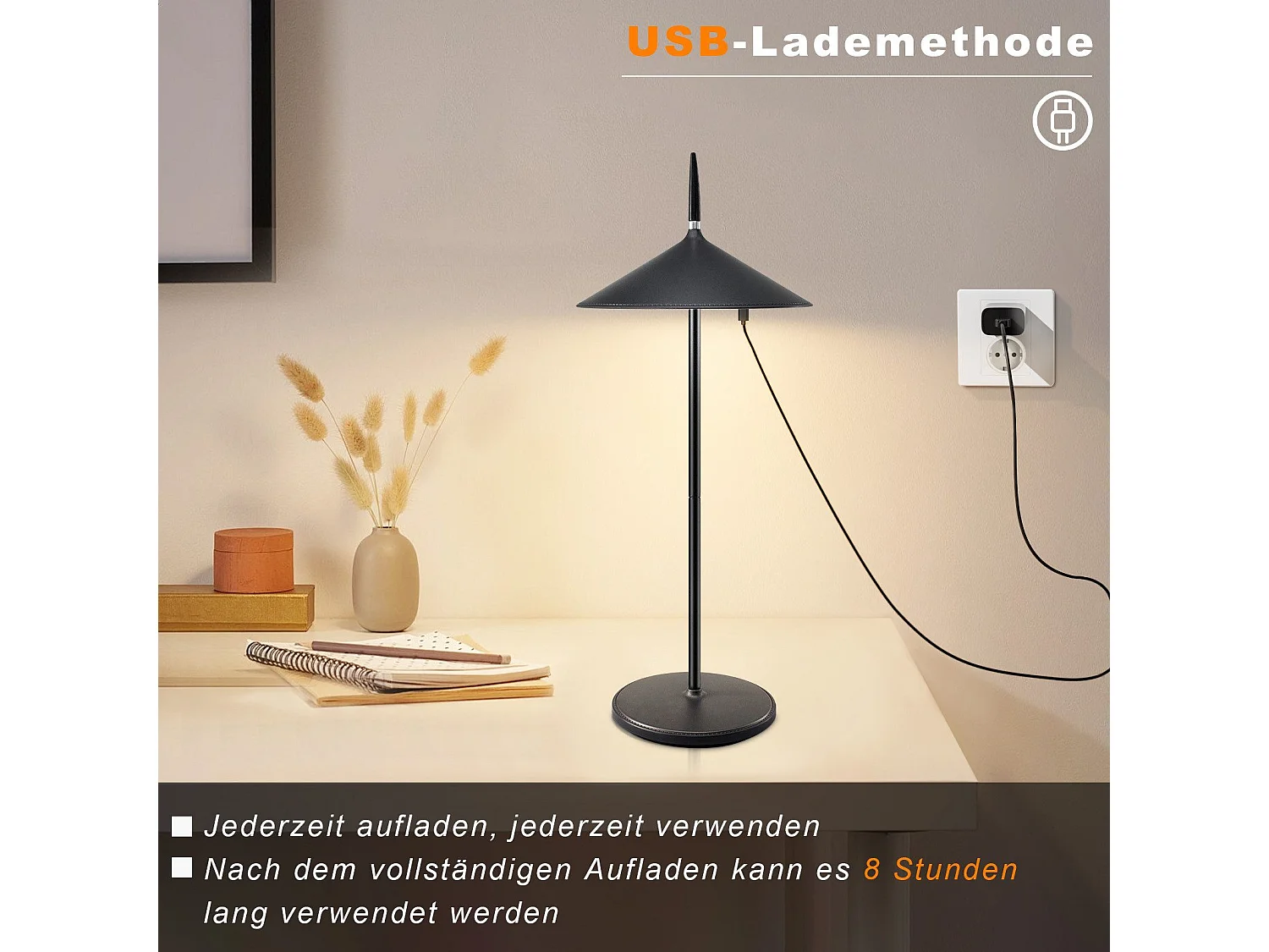 NETTLIFE Lampe de chevet tactile sans fil LED lampe de table noire dimmable 1800mhA rechargeable avec USB, LED intégrée en permanence, IP44