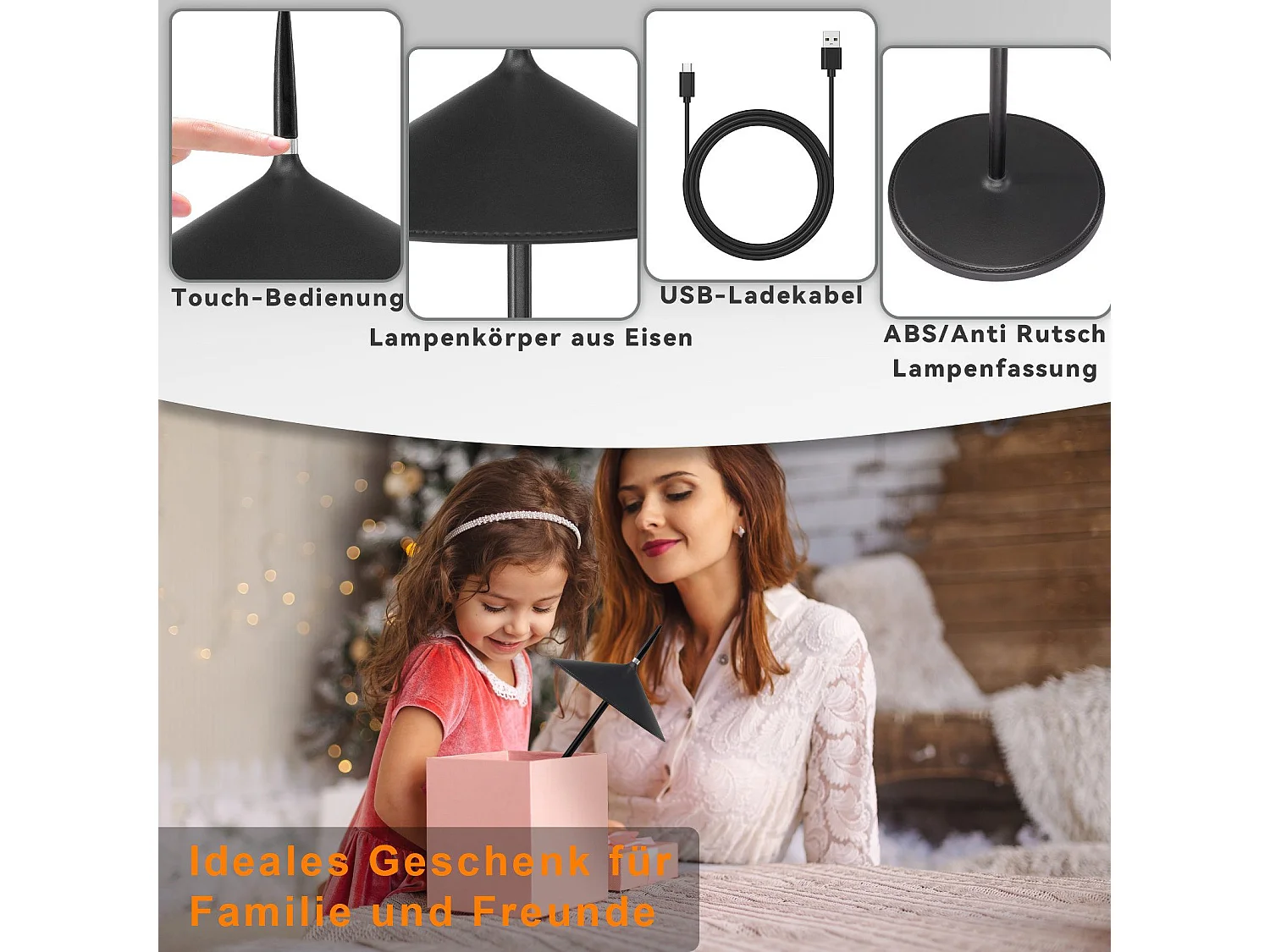 NETTLIFE Lampe de chevet tactile sans fil LED lampe de table noire dimmable 1800mhA rechargeable avec USB, LED intégrée en permanence, IP44