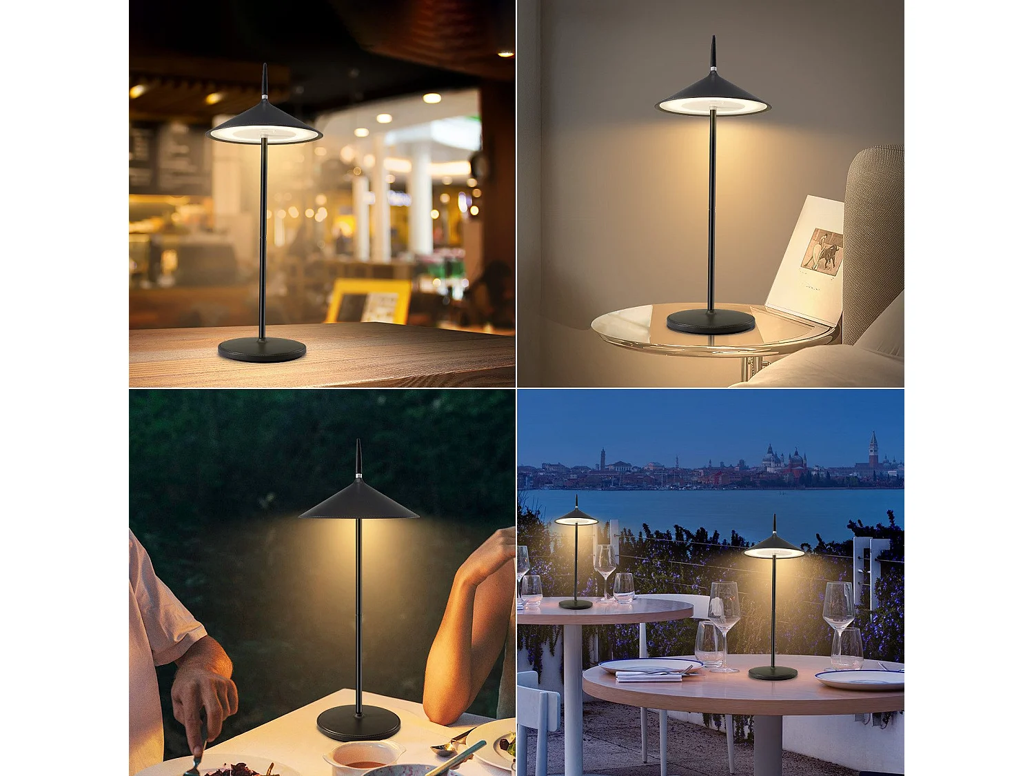 NETTLIFE Lampe de chevet tactile sans fil LED lampe de table noire dimmable 1800mhA rechargeable avec USB, LED intégrée en permanence, IP44