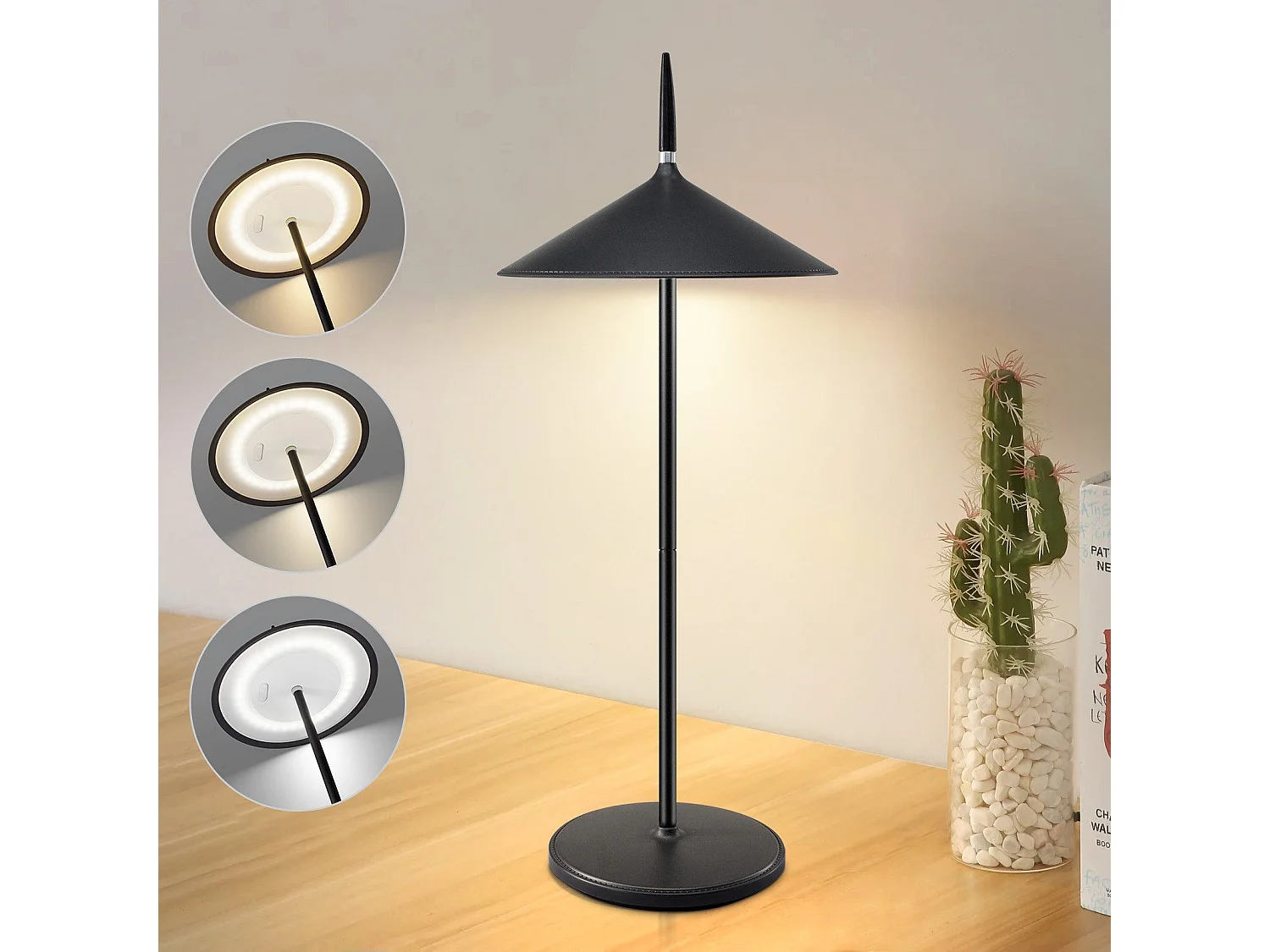 NETTLIFE Draadloze LED Touch Bedlamp Zwart Dimbare Tafellamp 1800mhA Oplaadbaar met USB, Ingebouwde LED Permanent, IP44