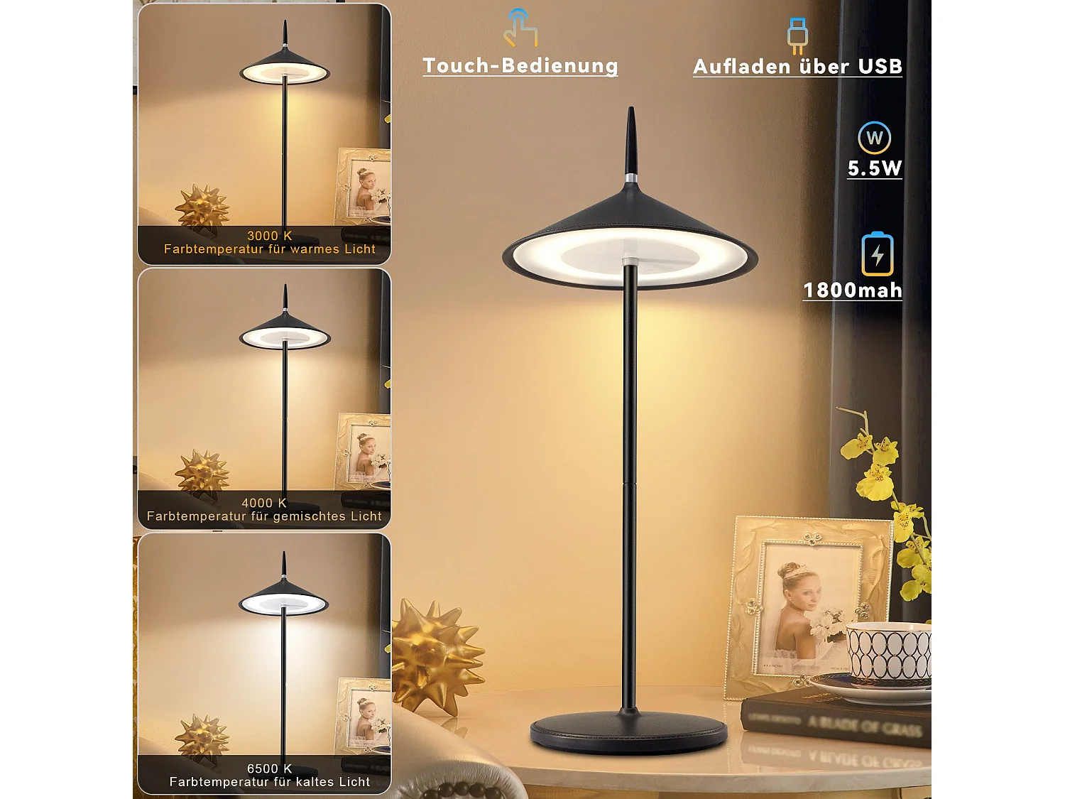 NETTLIFE Lampe de chevet sans fil, lot de 2, tactile, LED noire, dimmable, 1800 mhA, rechargeable par USB, LED intégrée en permanence, IP44