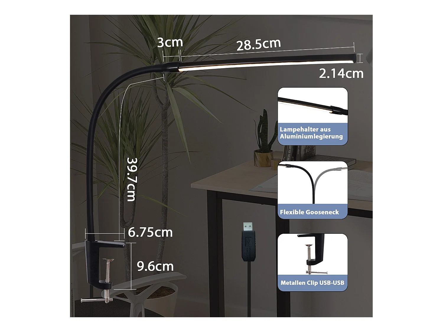 NETTLIFE LED bureaulamp zwart klem 3 kleuren 5 helderheidsniveaus USB 5W daglichtlamp flexibele oogbescherming