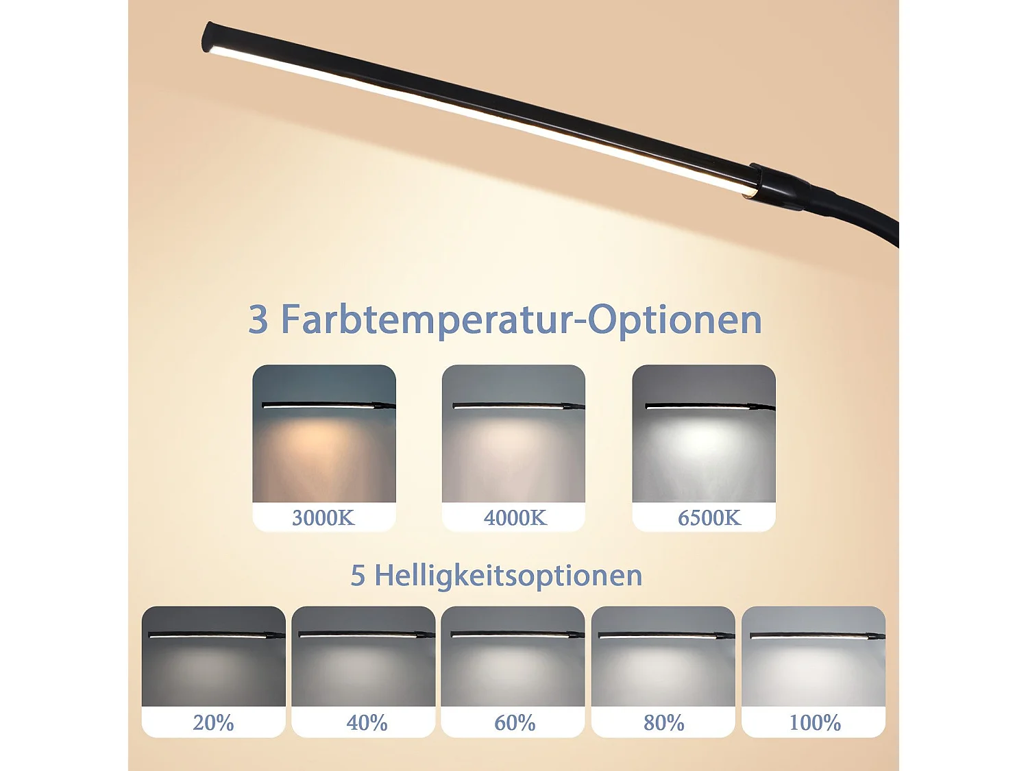 NETTLIFE Lampe de bureau LED à pince noire 3 couleurs 5 niveaux de luminosité USB 5W lampe lumière du jour protection des yeux flexible