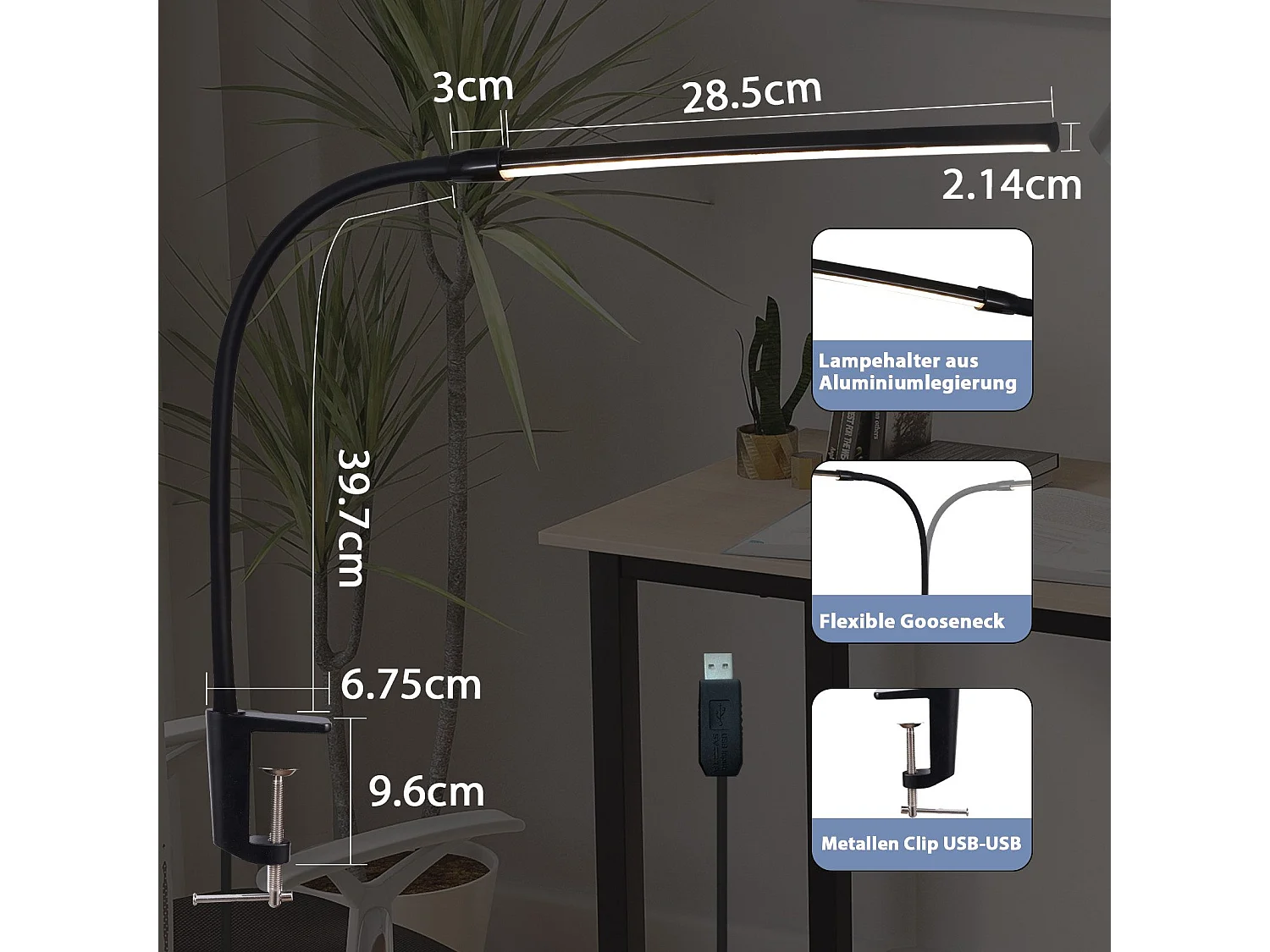 NETTLIFE LED bureaulamp zwart klem 3 kleuren 5 helderheidsniveaus USB 5W daglichtlamp flexibele oogbescherming