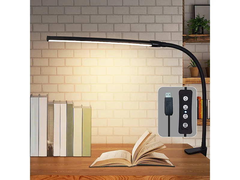 NETTLIFE Lámpara de escritorio con abrazadera LED negra, 3 colores, 5 niveles de brillo, USB, 5 W, luz diurna, protección ocular, flexible.