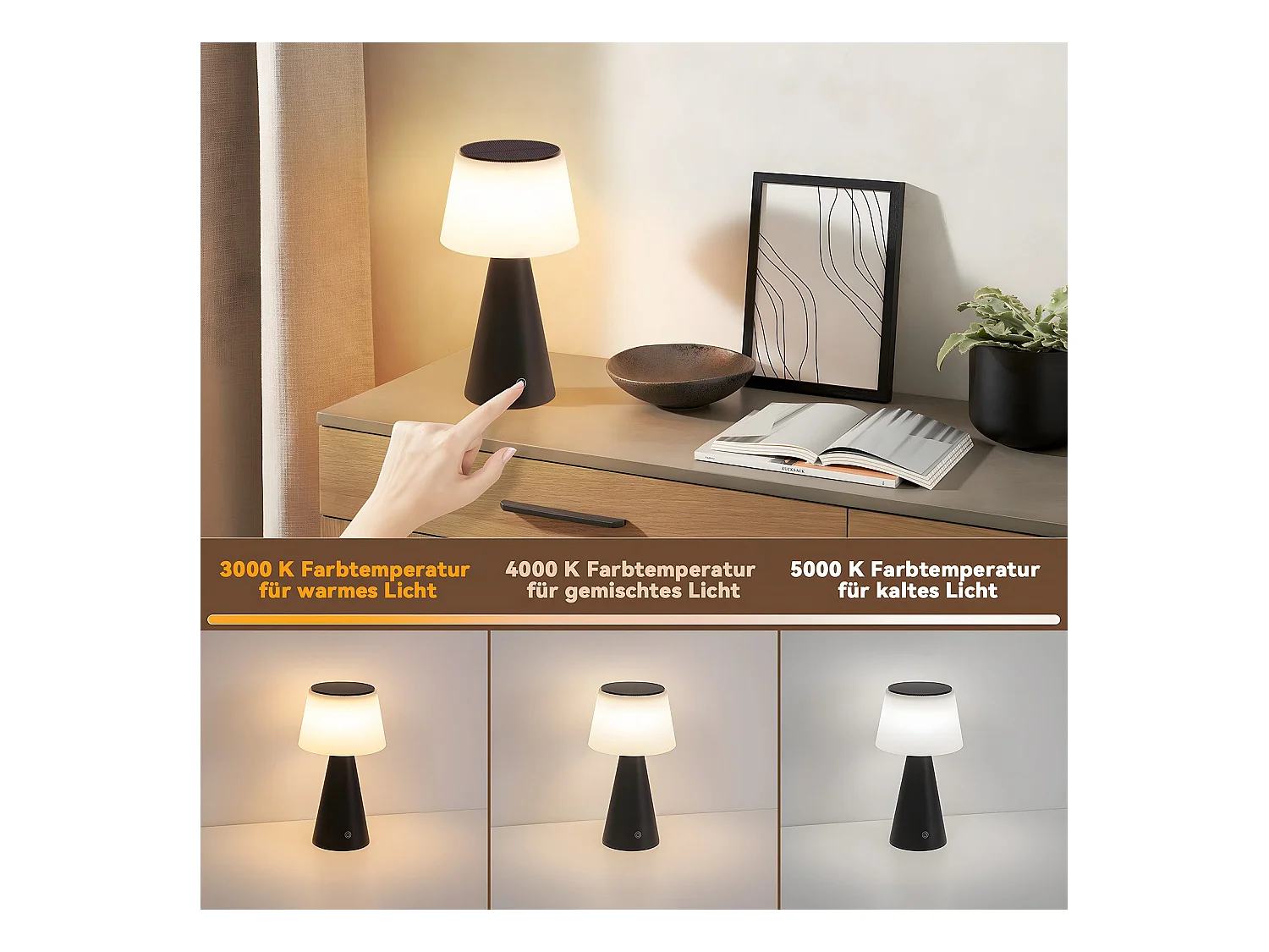NETTLIFE Lampe de table solaire à batterie, lampe de chevet LED sans fil 3600mhA rechargeable tactile dimmable lampe noire avec batterie USB