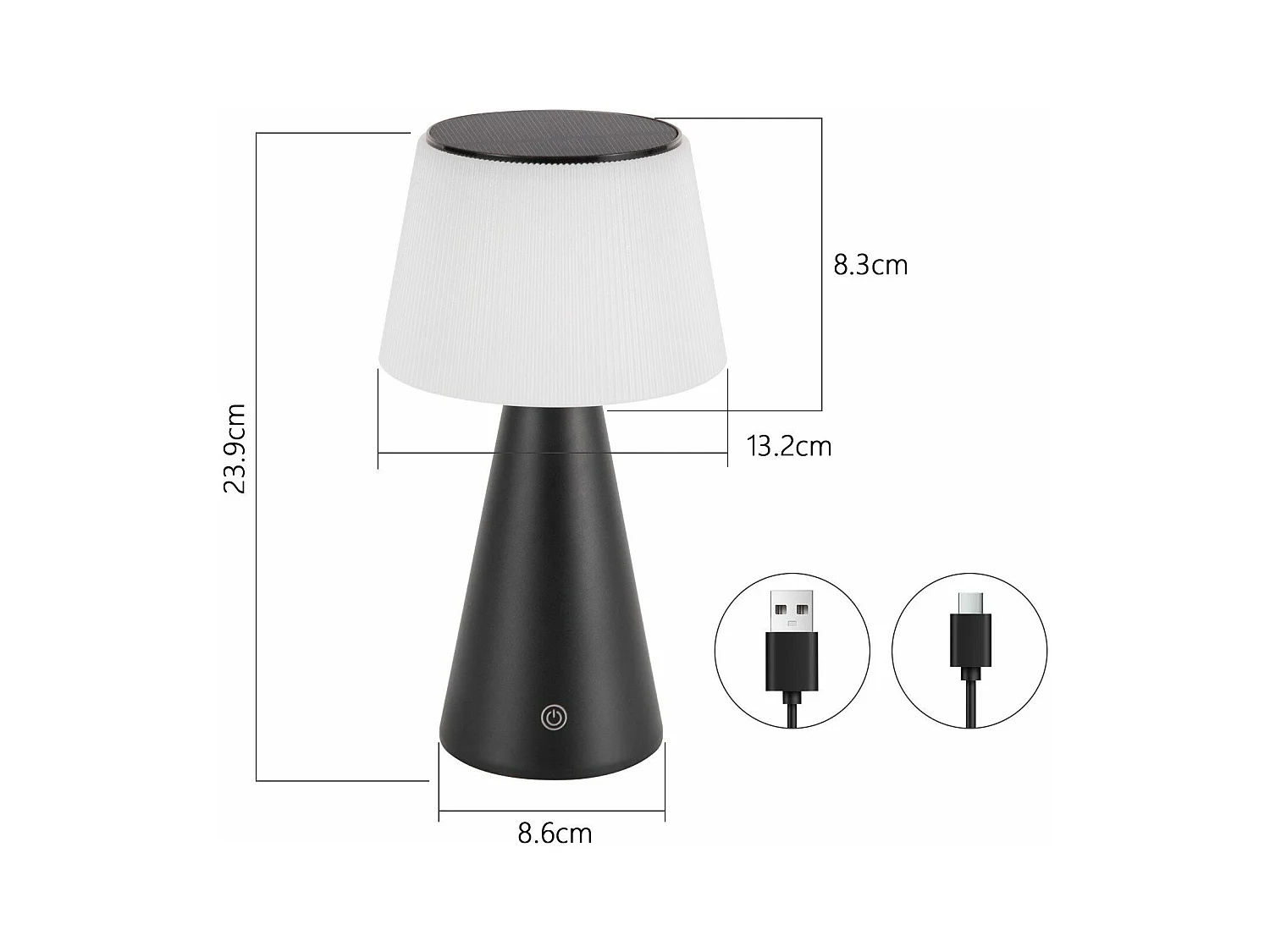 NETTLIFE Lampe de table solaire à batterie, lampe de chevet LED sans fil 3600mhA rechargeable tactile dimmable lampe noire avec batterie USB