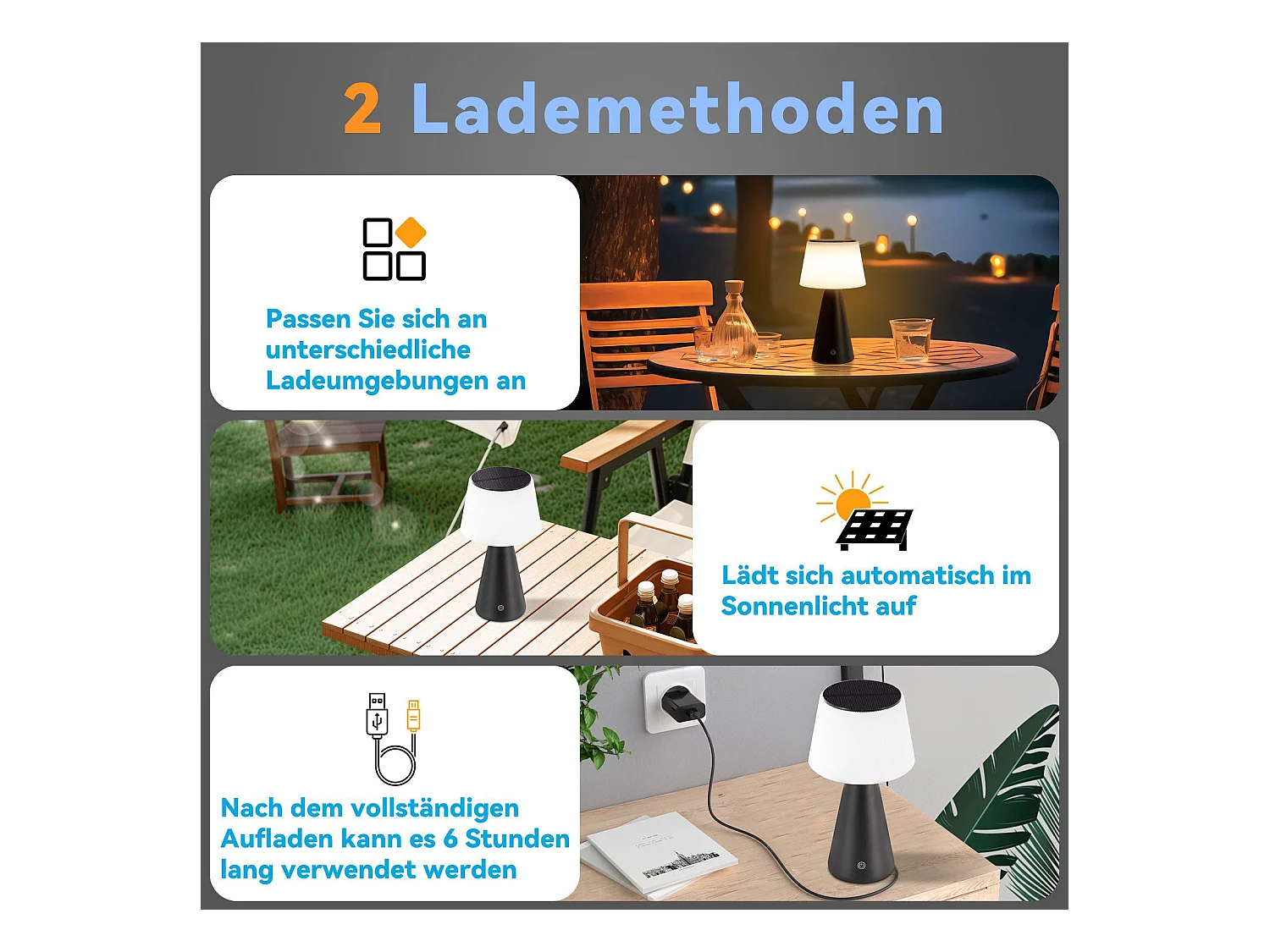 NETTLIFE Lampe de table solaire à batterie, lampe de chevet LED sans fil 3600mhA rechargeable tactile dimmable lampe noire avec batterie USB