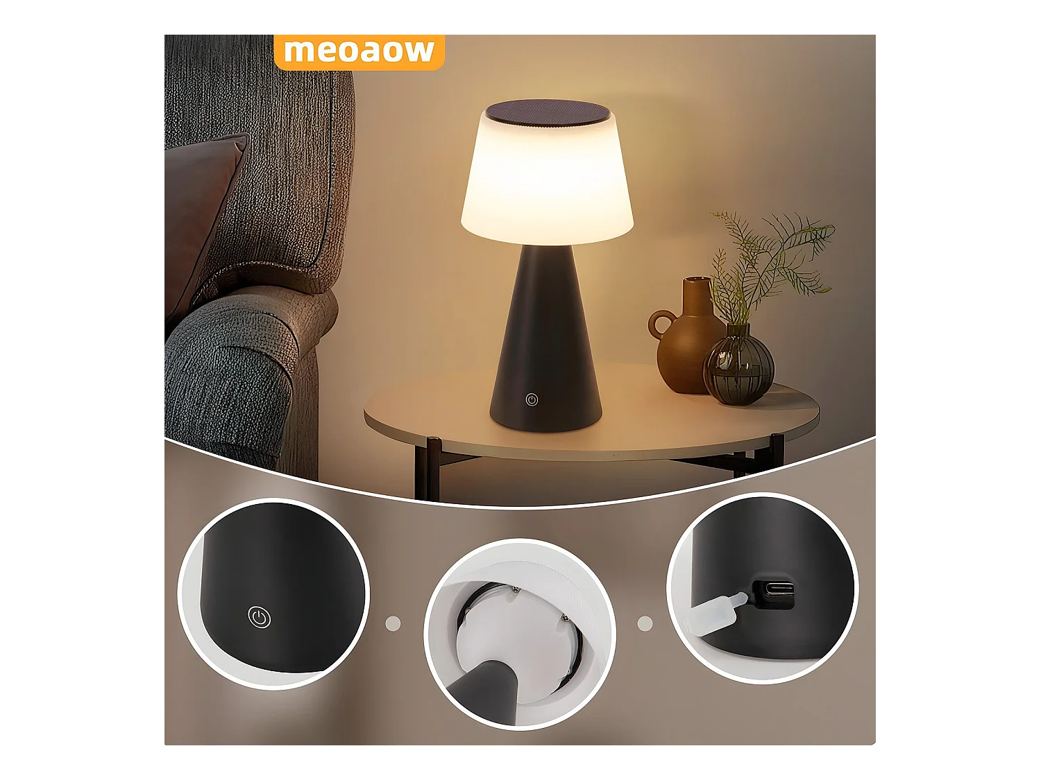 NETTLIFE Lampe de table solaire à batterie, lampe de chevet LED sans fil 3600mhA rechargeable tactile dimmable lampe noire avec batterie USB