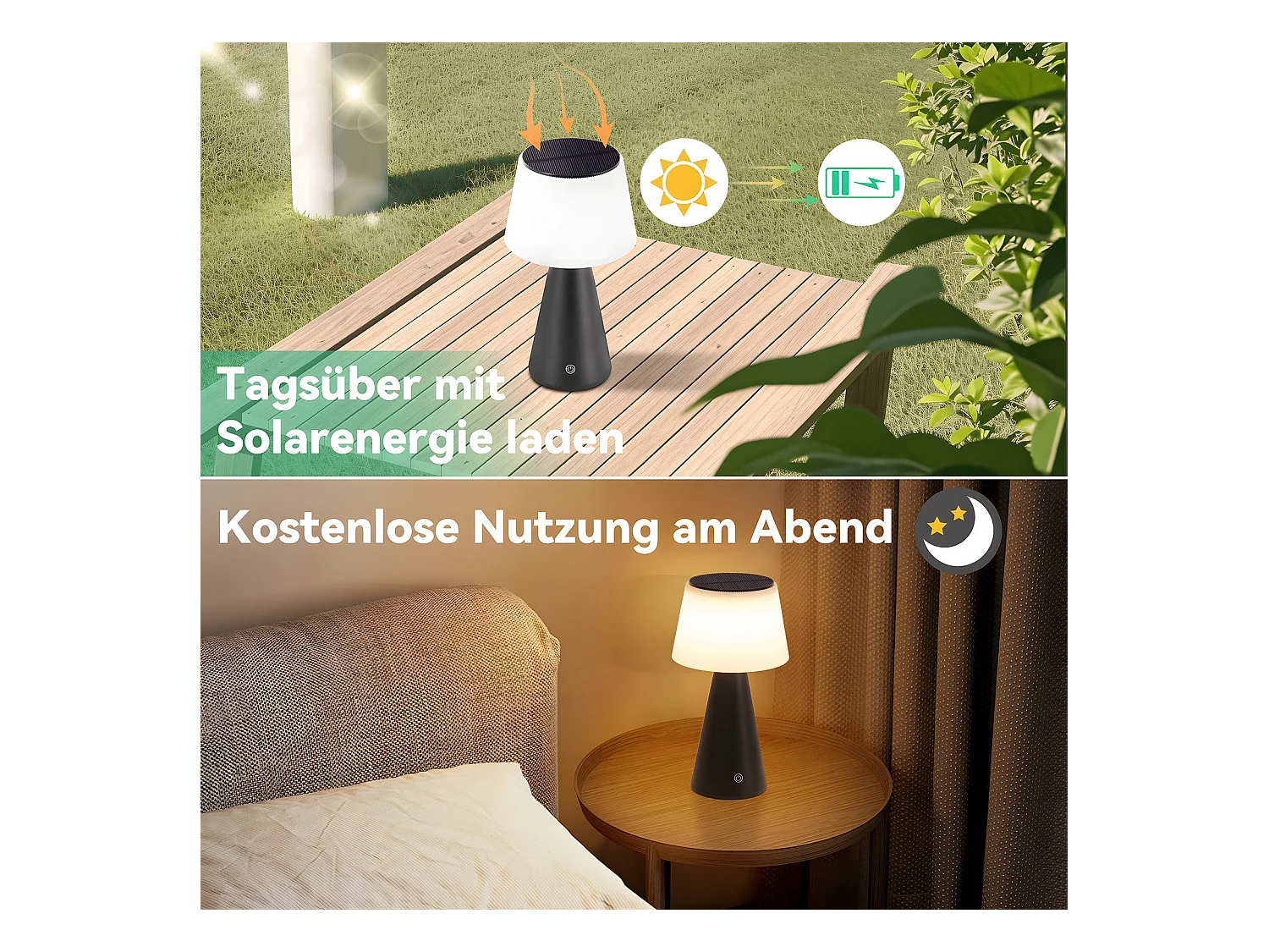 NETTLIFE Lampe de table solaire à batterie, lampe de chevet LED sans fil 3600mhA rechargeable tactile dimmable lampe noire avec batterie USB